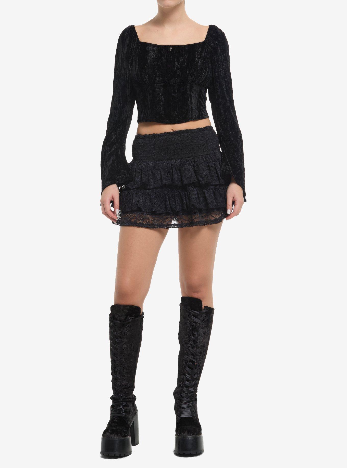 Cosmic Aura Black Velvet Floral Girls Bell Sleeve Top, , hi-res