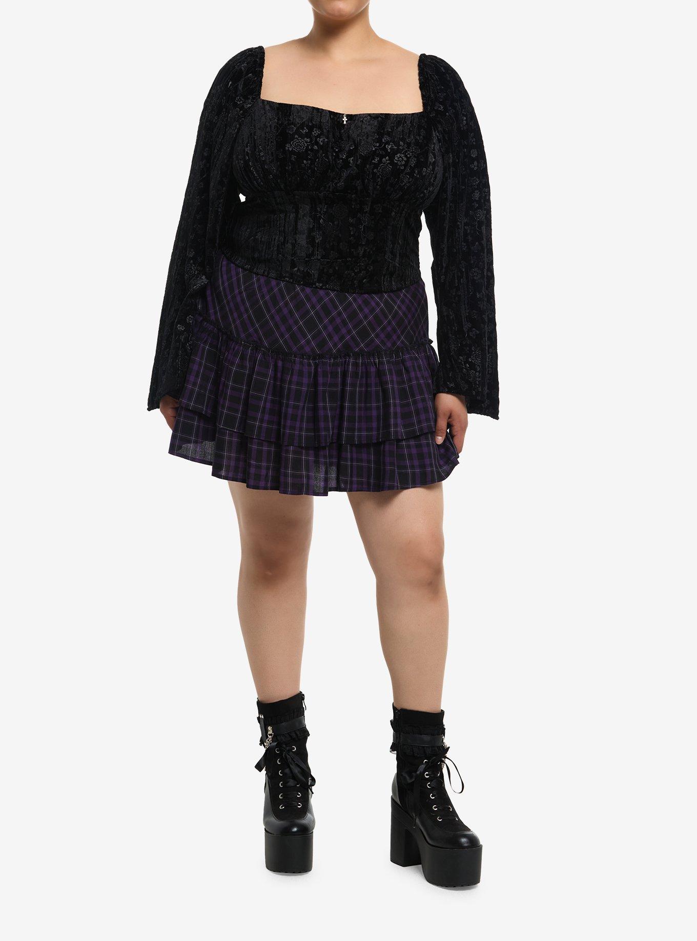Cosmic Aura Black Velvet Floral Girls Bell Sleeve Top Plus Size, , hi-res
