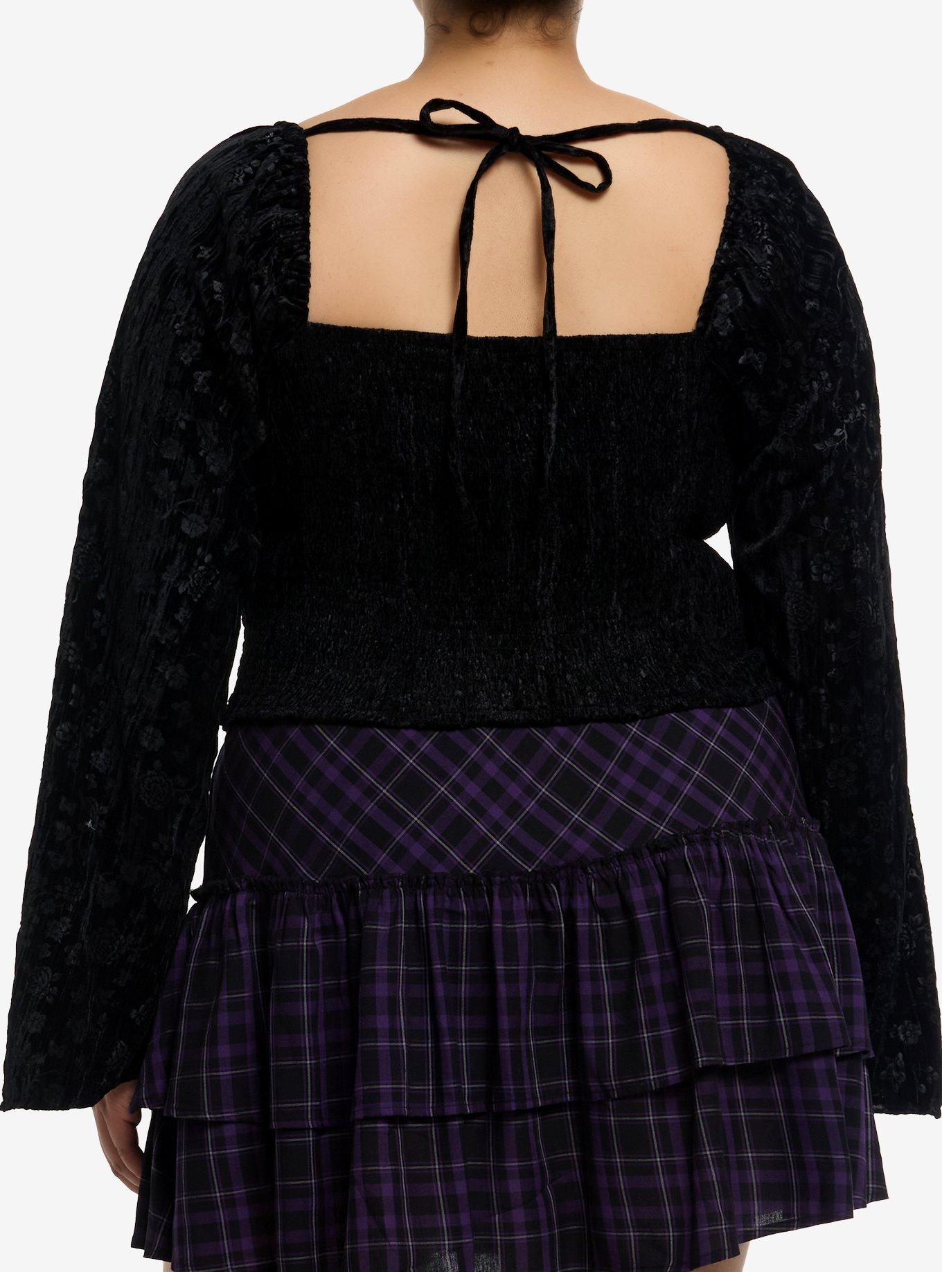 Cosmic Aura Black Velvet Floral Girls Bell Sleeve Top Plus Size, BLACK, alternate