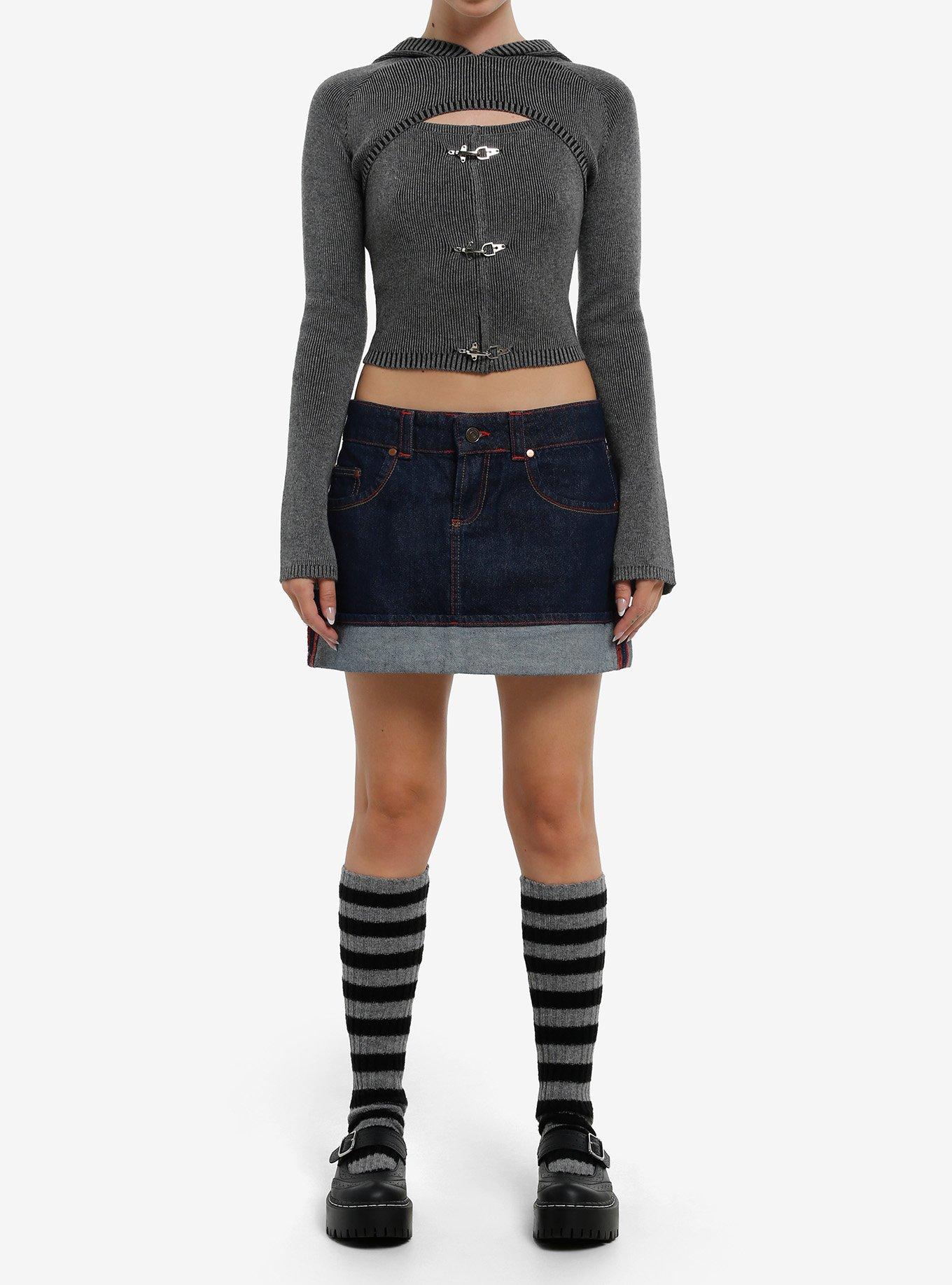 Grey Buckle Ribbed Girls Hooded Long-Sleeve Twofer, , hi-res