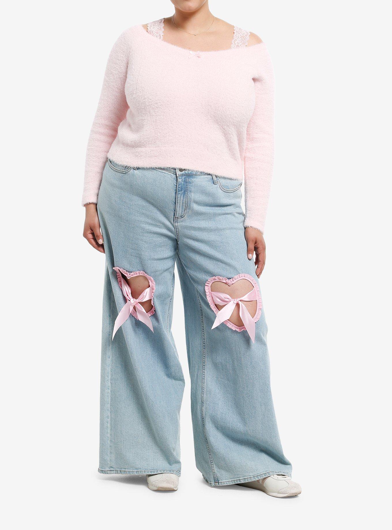 Sweet Society Fuzzy Pink Girls Cold-Shoulder Sweater Plus Size, , hi-res