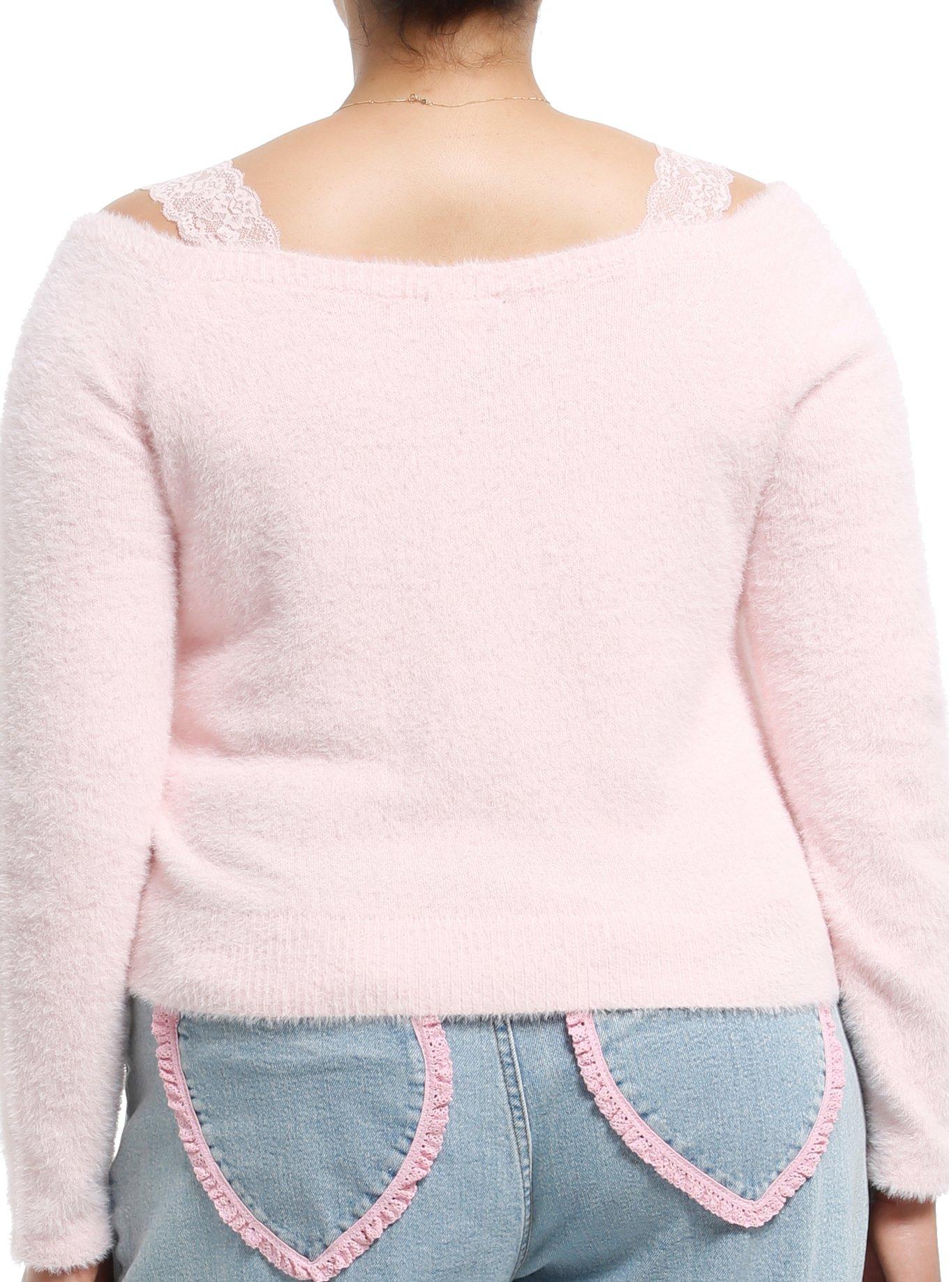 Sweet Society Fuzzy Pink Cold Shoulder Girls Sweater Plus Size, , hi-res