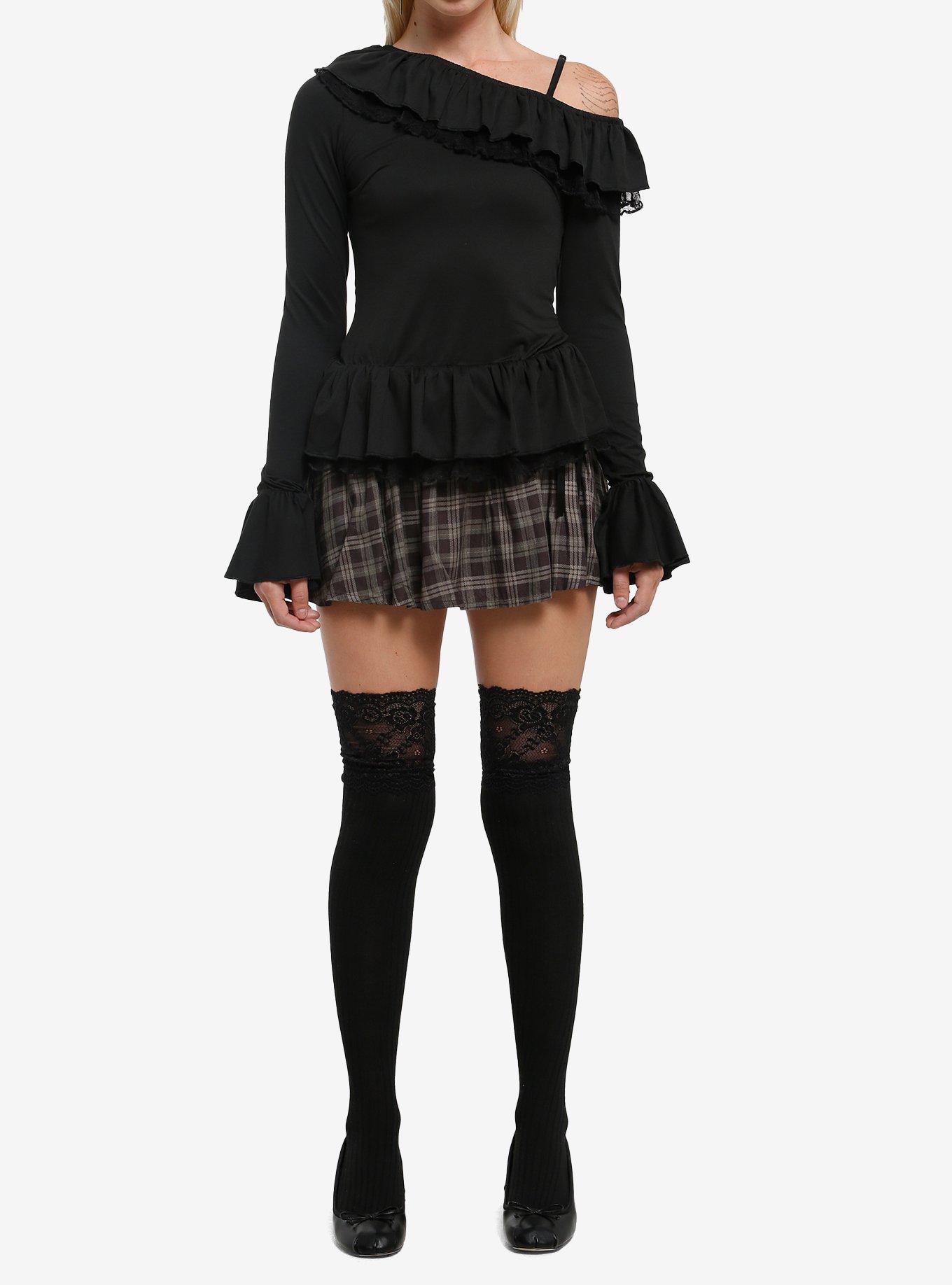 Black Ruffle Girls Asymmetrical Long-Sleeve Top, , hi-res