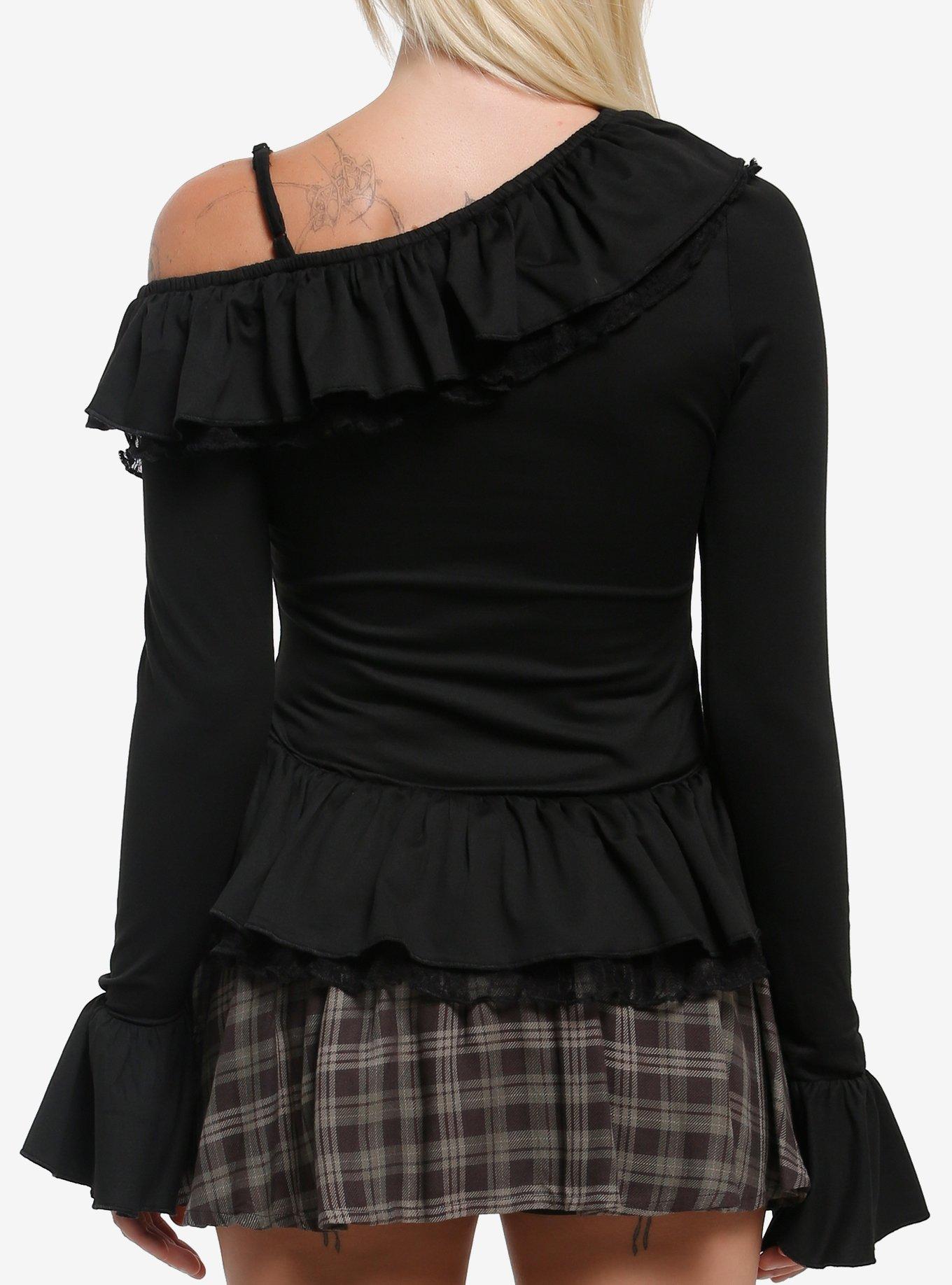Black Ruffle Girls Asymmetrical Long-Sleeve Top, BLACK, alternate