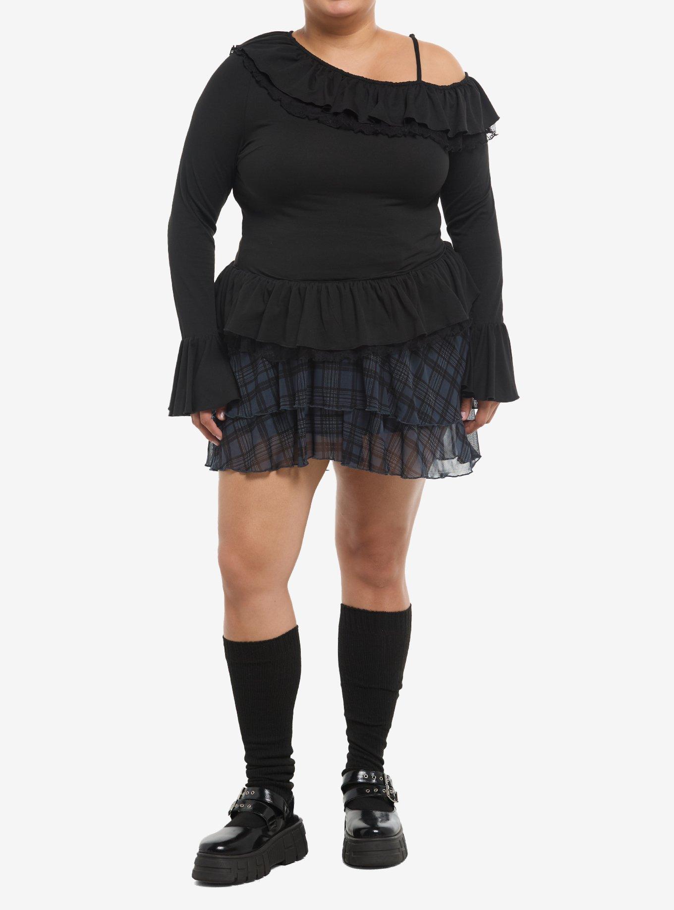 Black Ruffle Girls Asymmetrical Long-Sleeve Top Plus Size, , hi-res