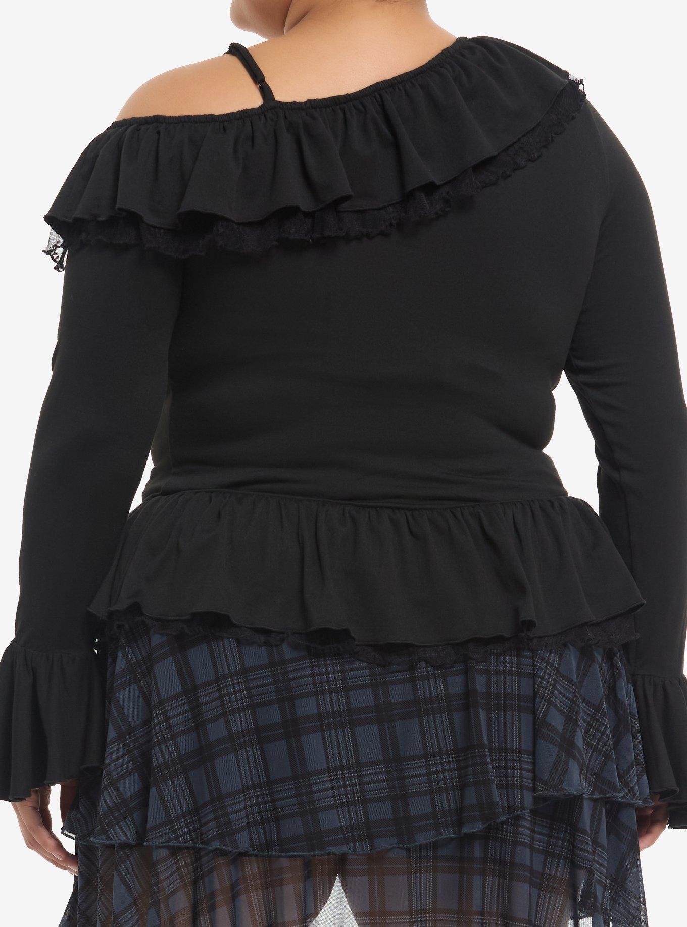 Black Ruffle Girls Asymmetrical Long-Sleeve Top Plus Size, BLACK, alternate