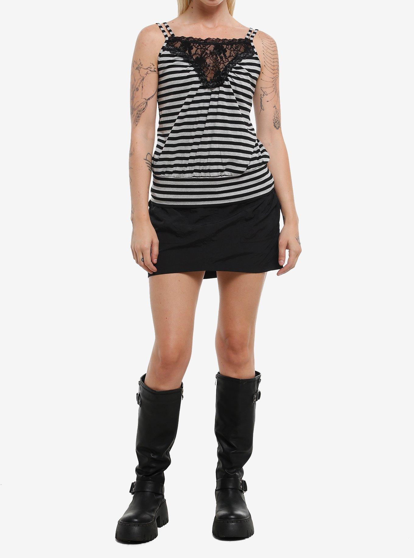 Black & Grey Stripe Lace Girls Tank Top, , hi-res