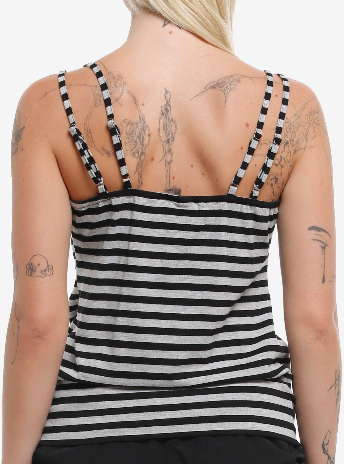 Black & Grey Stripe Lace Girls Tank Top, BLACK, alternate
