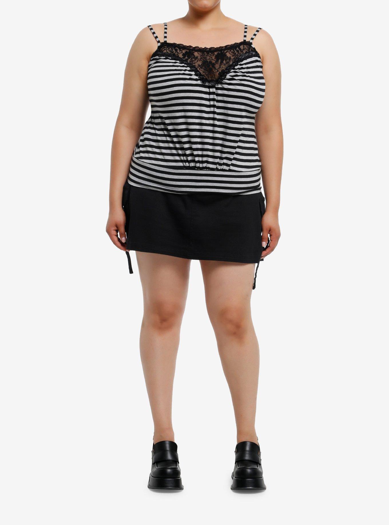 Black & Grey Stripe Lace Girls Tank Top Plus Size, , hi-res