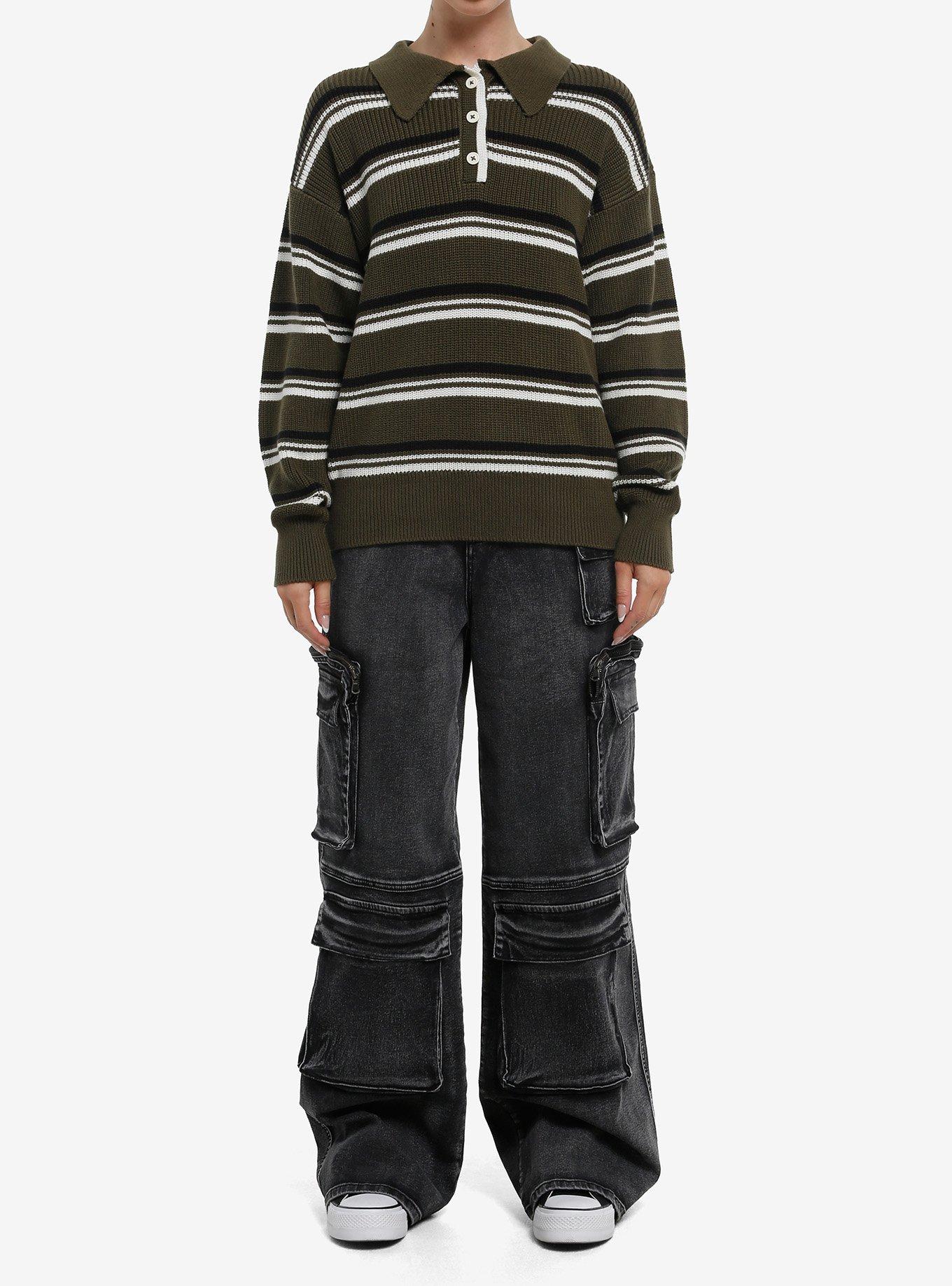 Dark Green Black & White Stripe Girls Rugby Sweater, , hi-res