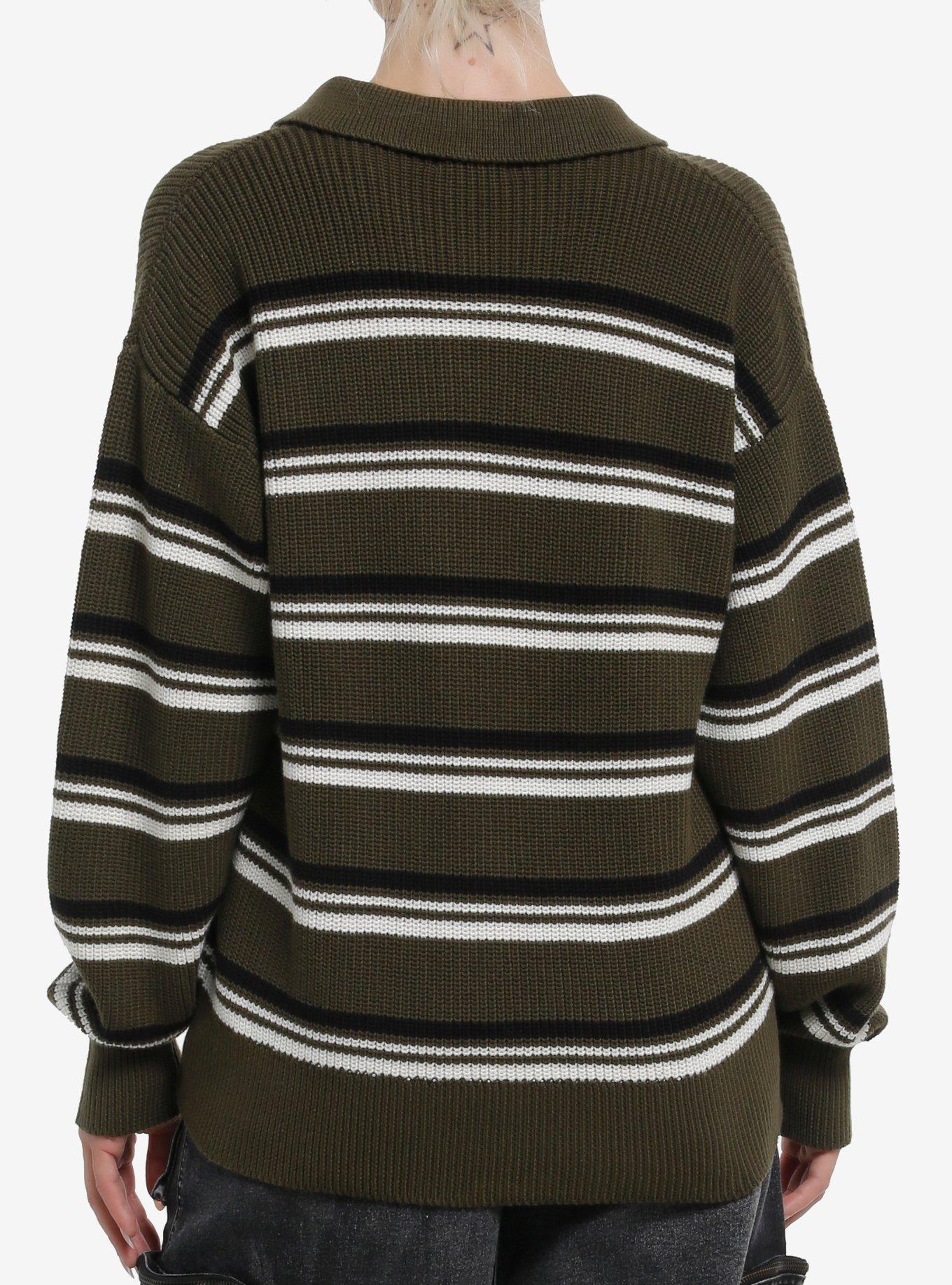 Dark Green Black & White Stripe Girls Rugby Sweater, , alternate