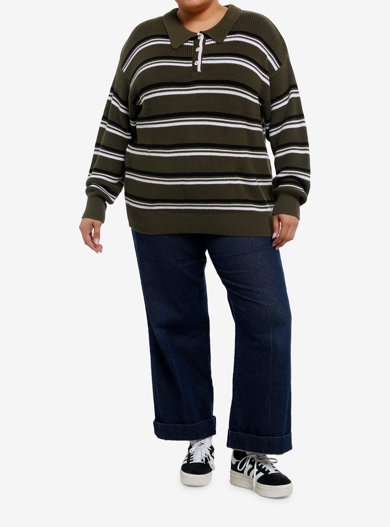 Dark Green Black & White Stripe Girls Rugby Sweater Plus Size, , hi-res
