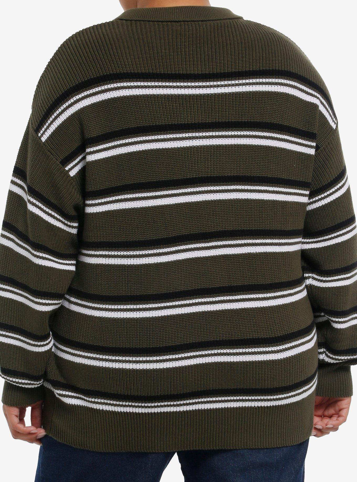 Dark Green Black & White Stripe Girls Rugby Sweater Plus Size, , alternate