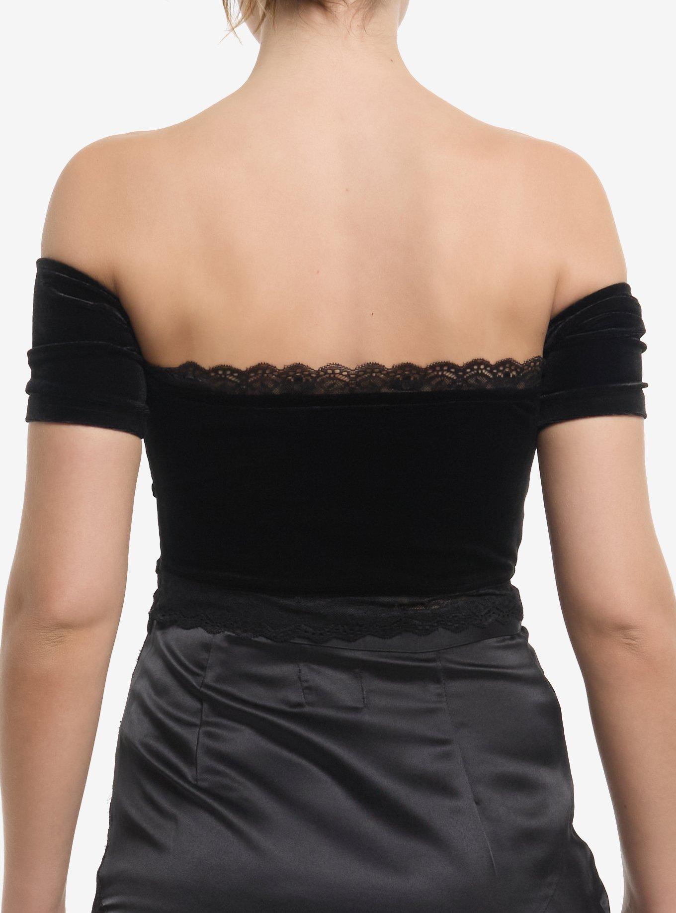 Cosmic Aura Black Velvet Moon Charm Girls Off-Shoulder Crop Top, BLACK, alternate