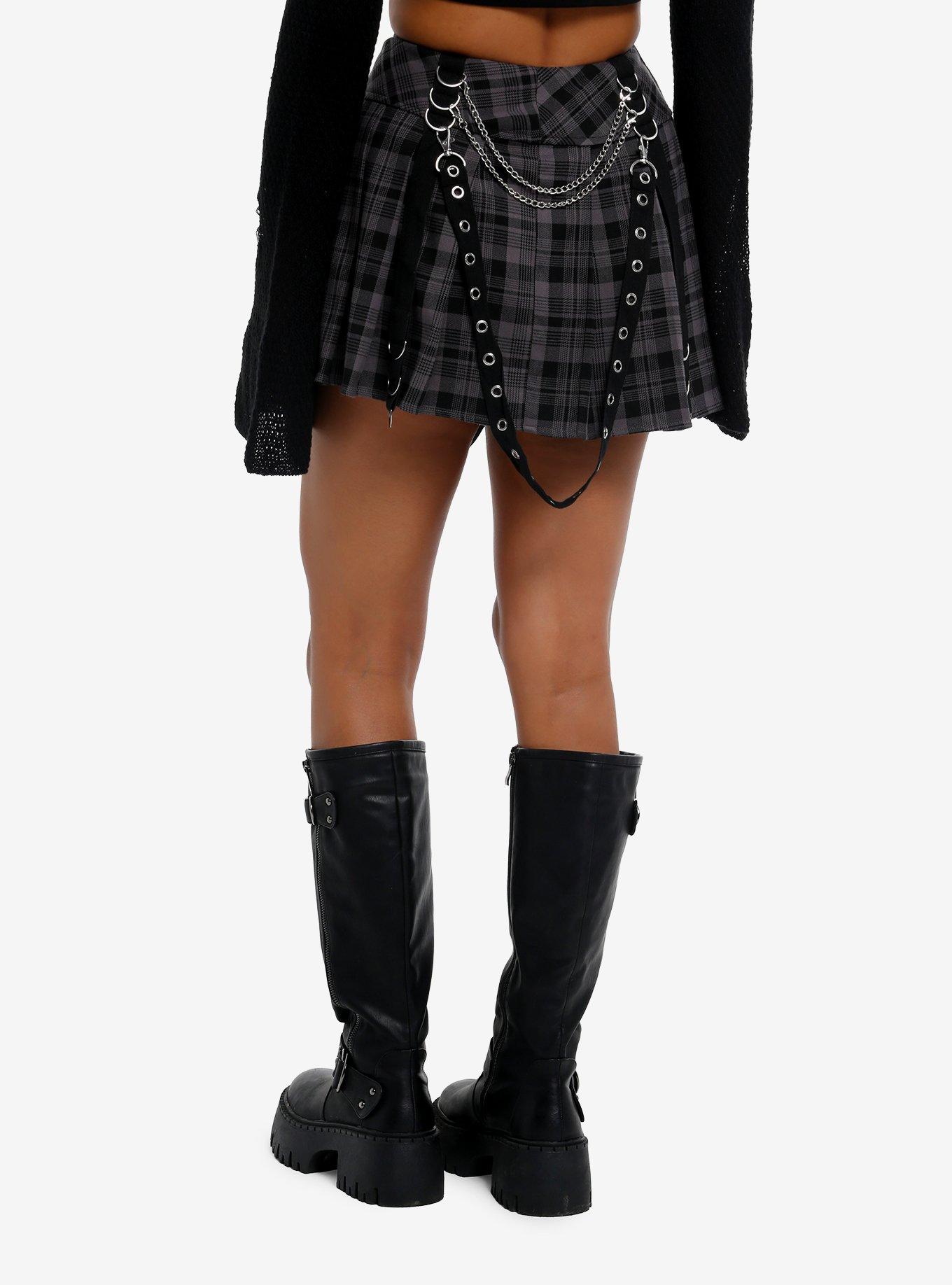 Social Collision Grey & Black Plaid Grommet Suspender Pleated Mini Skirt, , hi-res