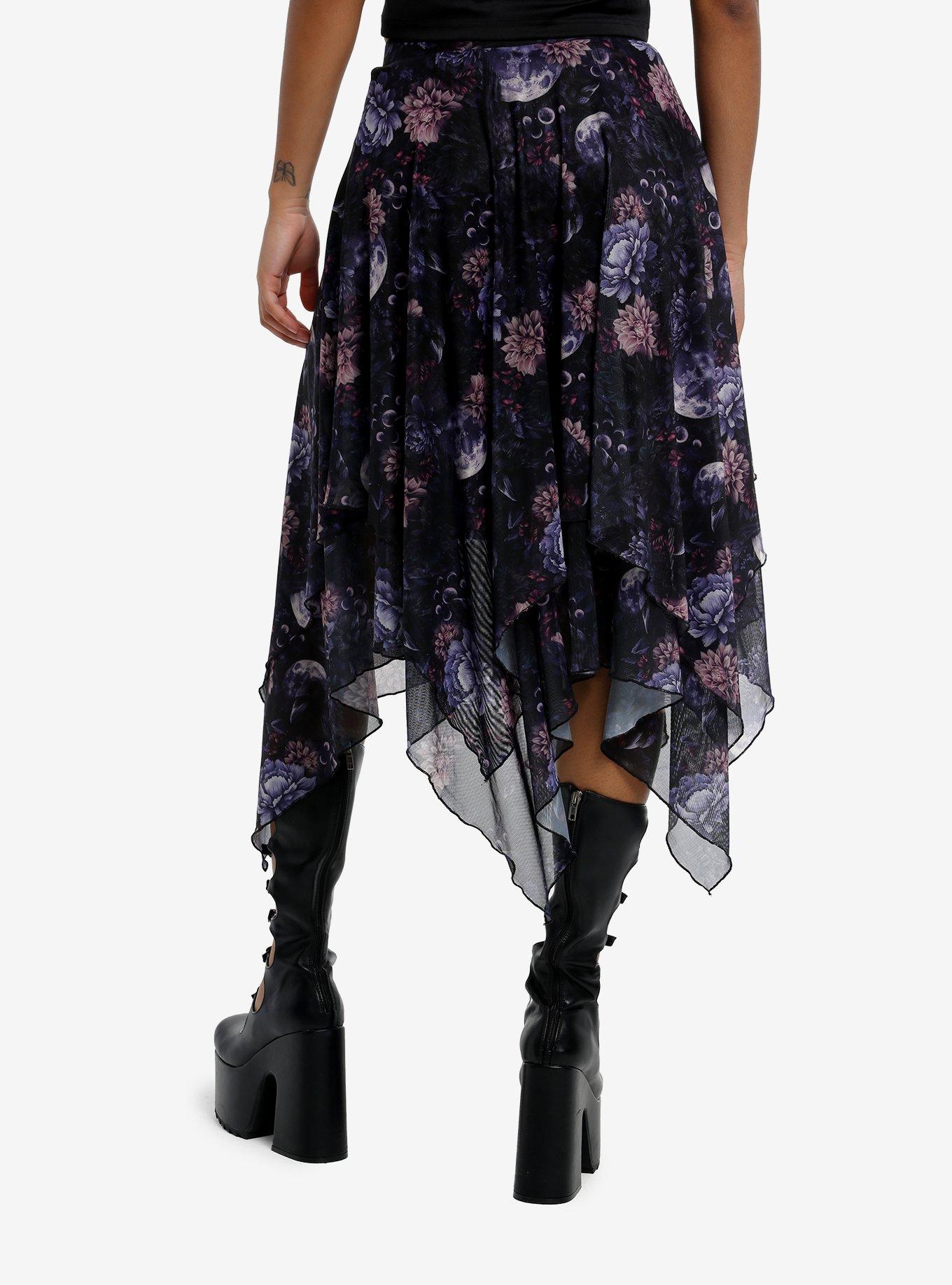 Cosmic Aura Raven Dark Floral Hanky Hem Midi Skirt, , hi-res