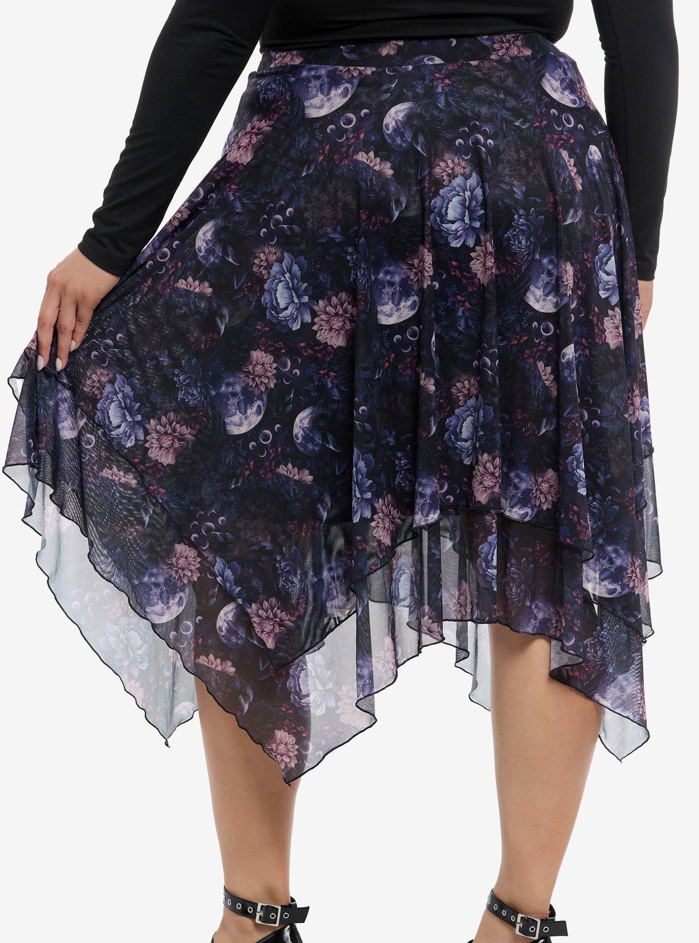 Cosmic Aura Raven Dark Floral Hanky Hem Midi Skirt Plus Size, , hi-res