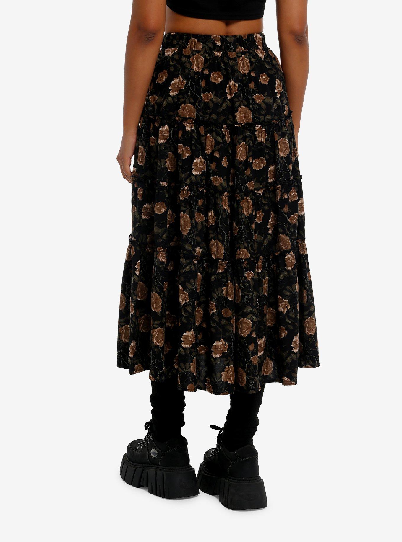 Black & Brown Rose Tiered Midi Skirt, , hi-res