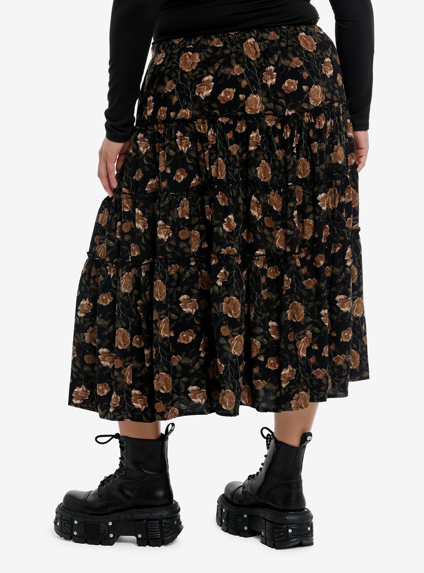 Black & Brown Rose Tiered Midi Skirt Plus Size, , hi-res