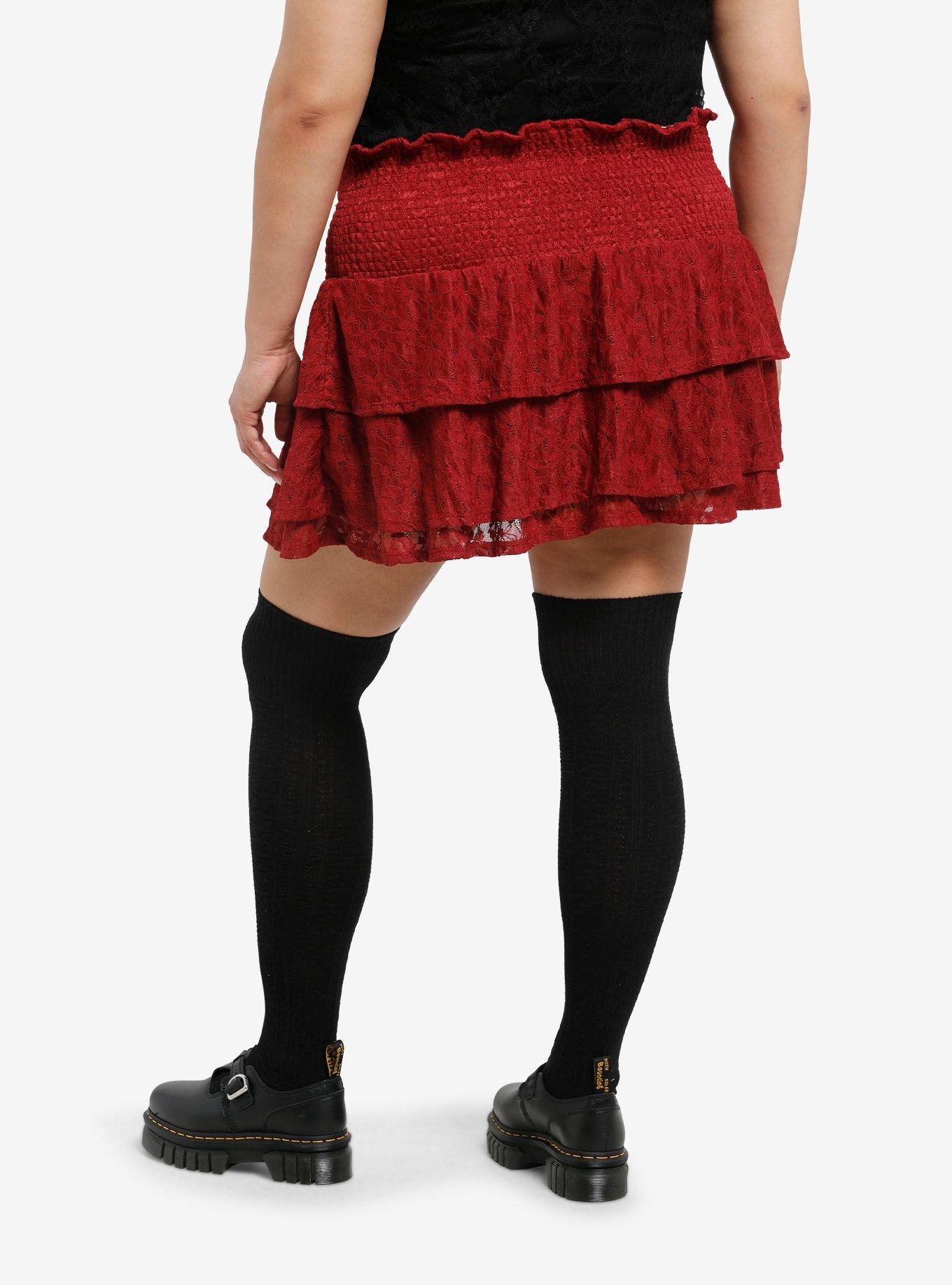 Cosmic Aura Maroon Lace Tiered Mini Skirt Plus Size, , hi-res