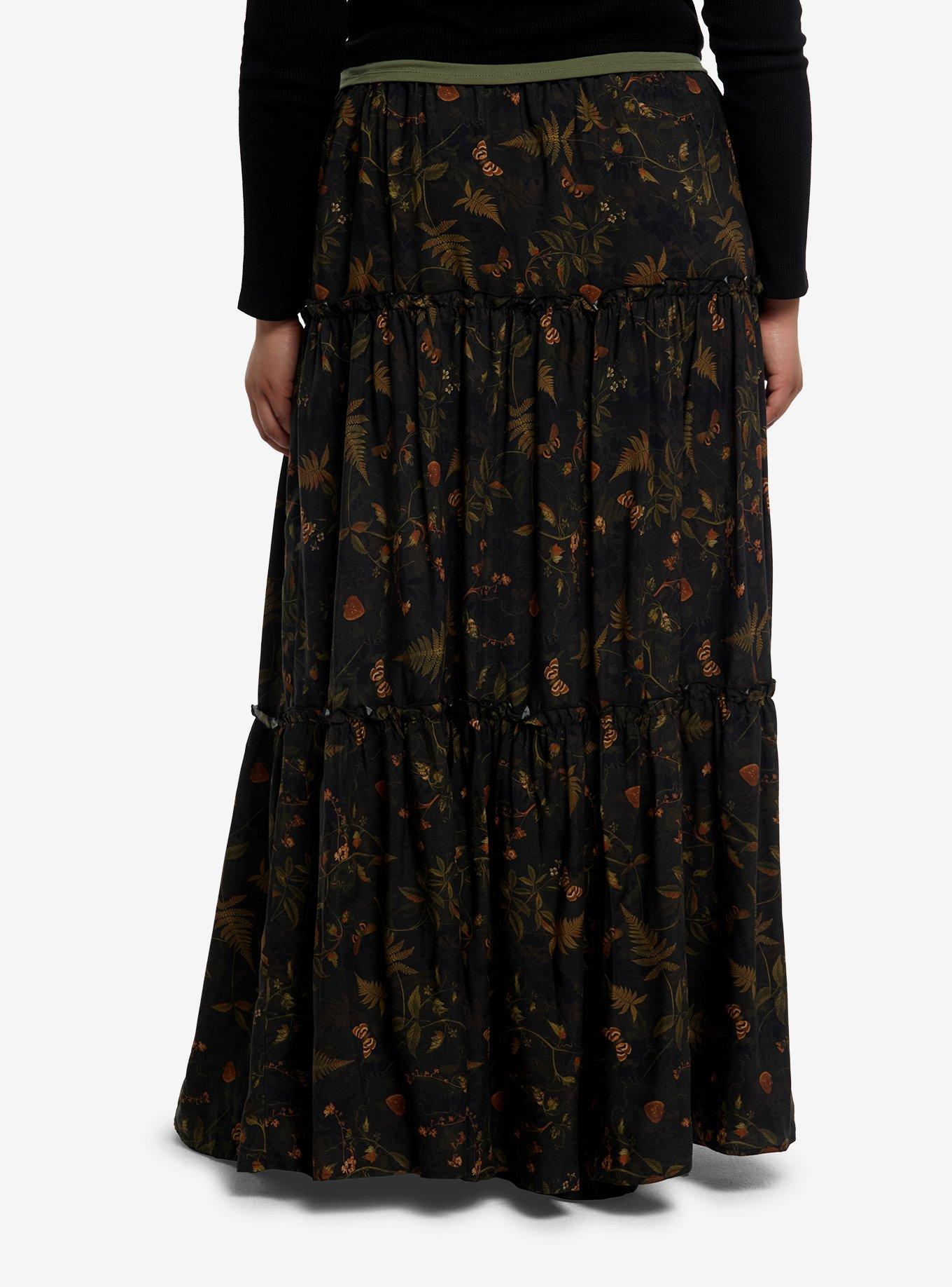 Thorn & Fable Dark Green Forest Tiered Maxi Skirt Plus Size, , hi-res