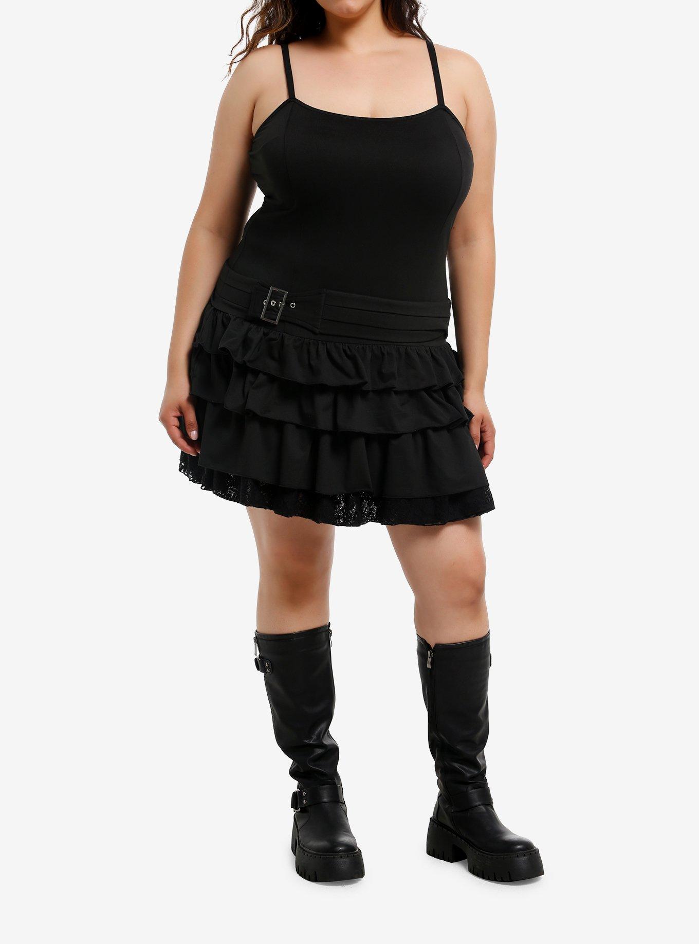 Black Ruffle Tiered Belted Cami Dress Plus Size, , hi-res