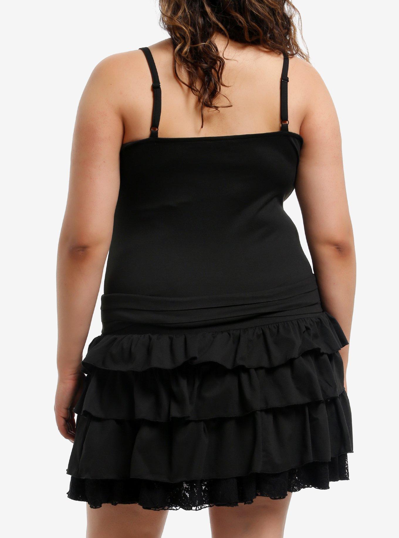 Black Ruffle Tiered Belted Cami Dress Plus Size, BLACK, alternate