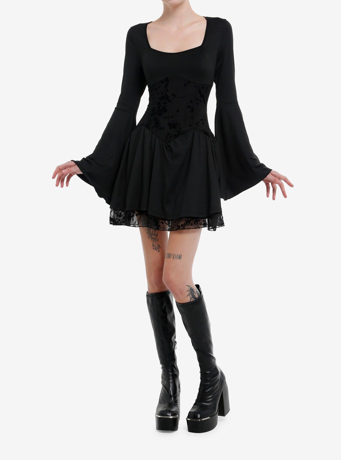 Cosmic Aura Black Velvet Floral Paneled Bell Sleeve Dress, , hi-res