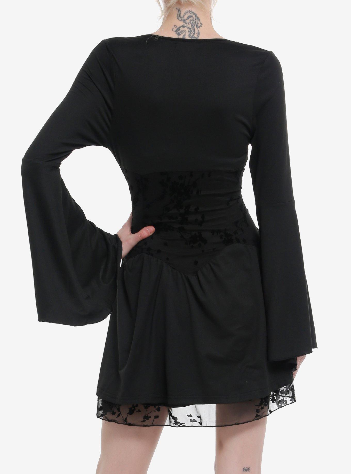 Cosmic Aura Black Velvet Floral Paneled Bell Sleeve Dress, BLACK, alternate