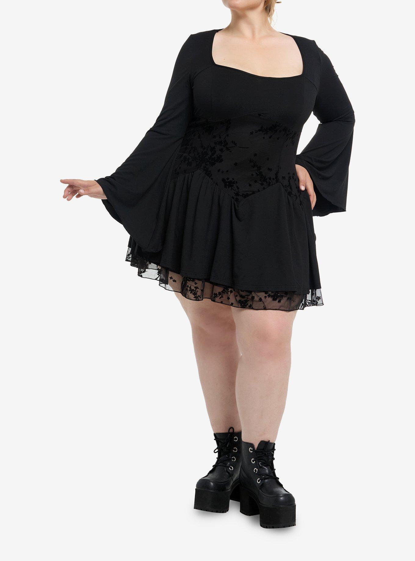 Cosmic Aura Black Velvet Floral Paneled Bell Sleeve Dress Plus Size, , hi-res