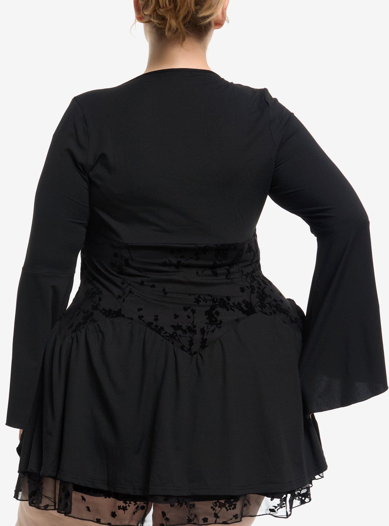 Cosmic Aura Black Velvet Floral Paneled Bell Sleeve Dress Plus Size, BLACK, alternate