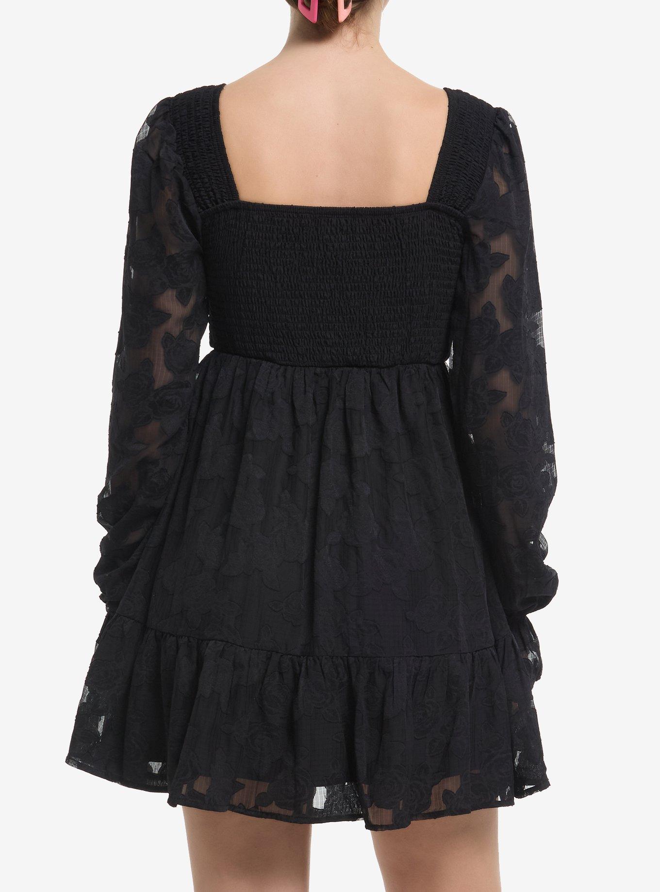 Cosmic Aura Floral Lace Peasant Sleeve Babydoll Dress, BLACK, alternate