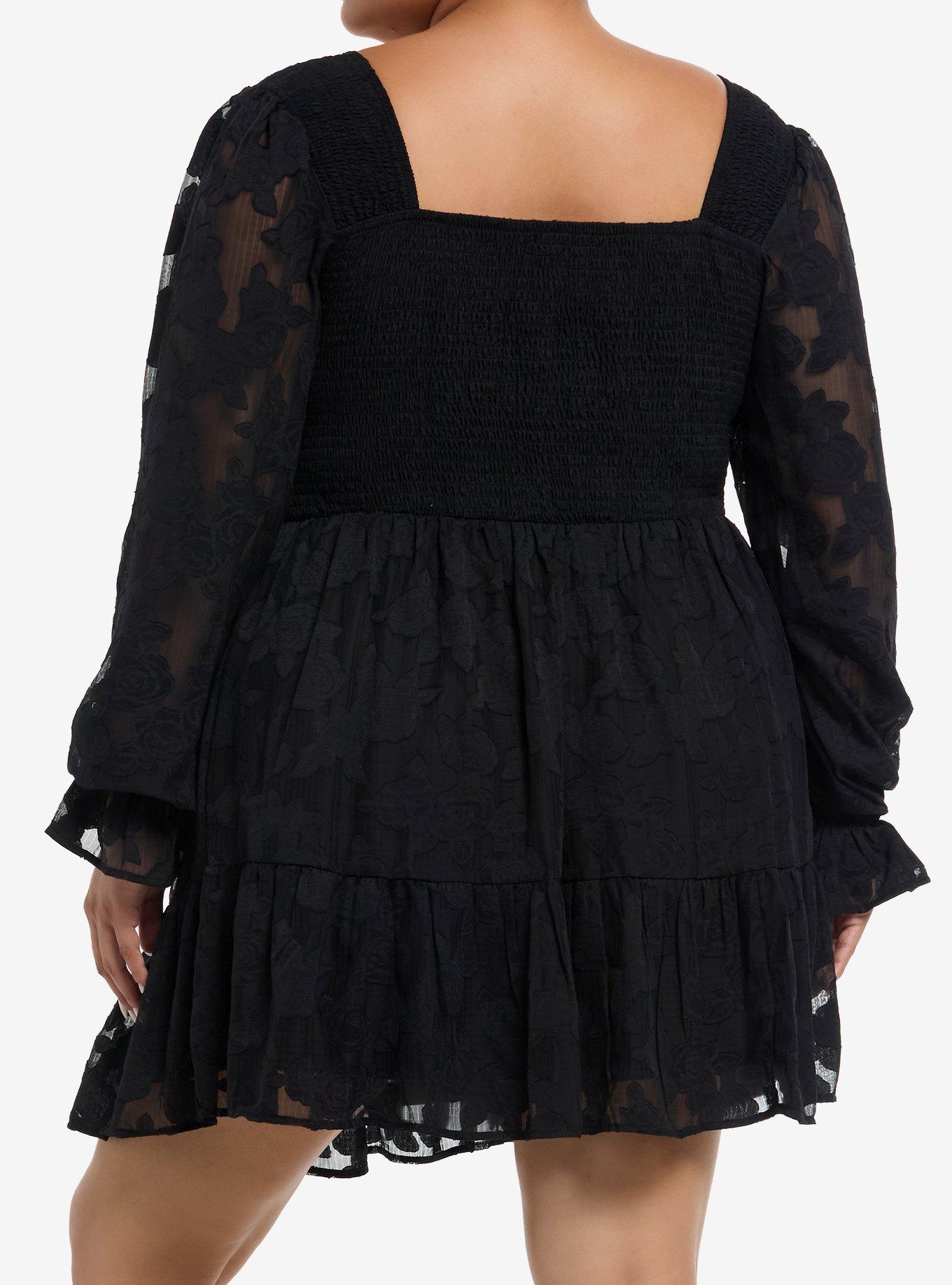 Cosmic Aura Floral Lace Peasant Sleeve Babydoll Dress Plus Size, BLACK, alternate