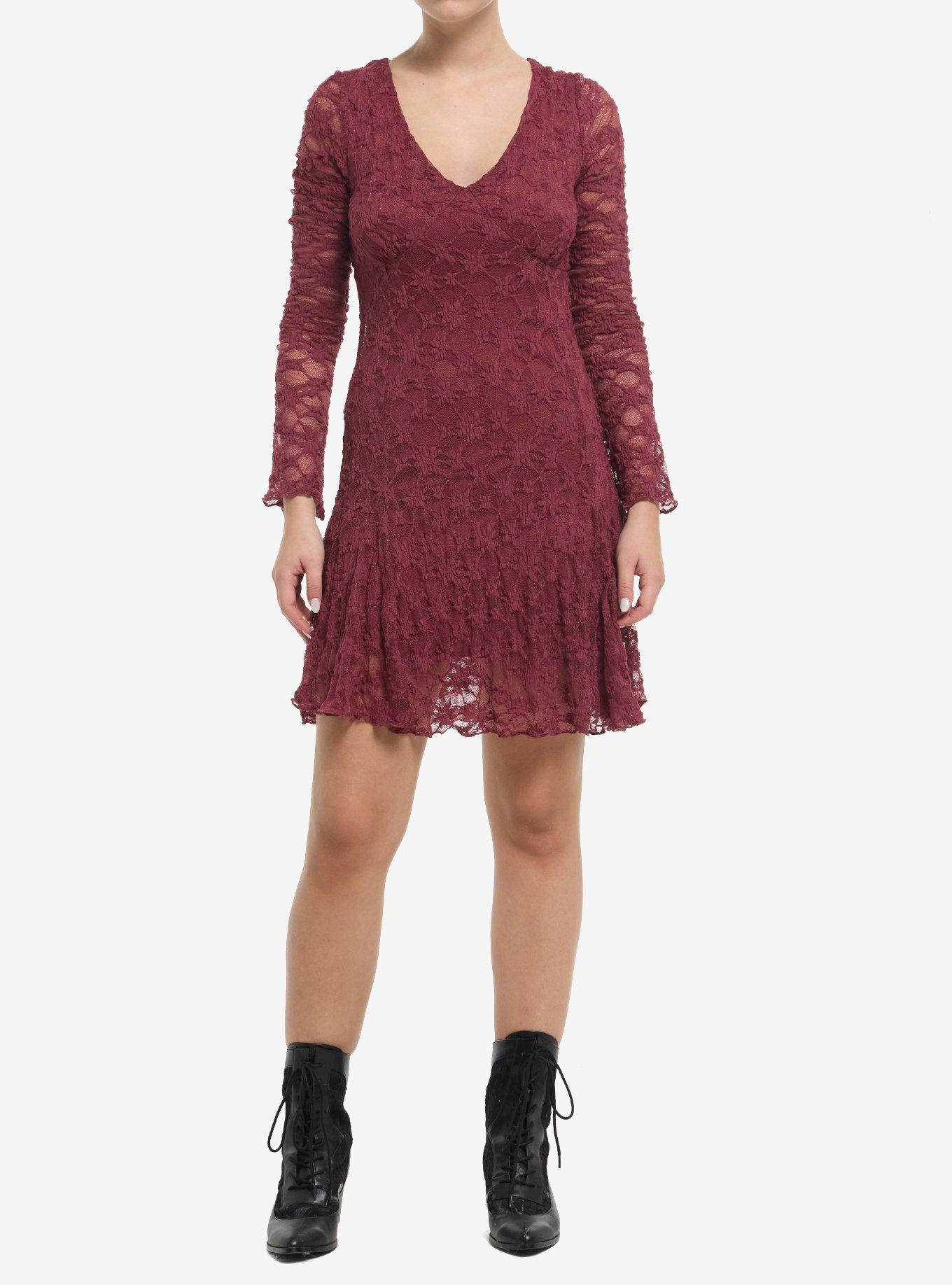 Cosmic Aura Maroon Lace Bell Sleeve Dress, , hi-res
