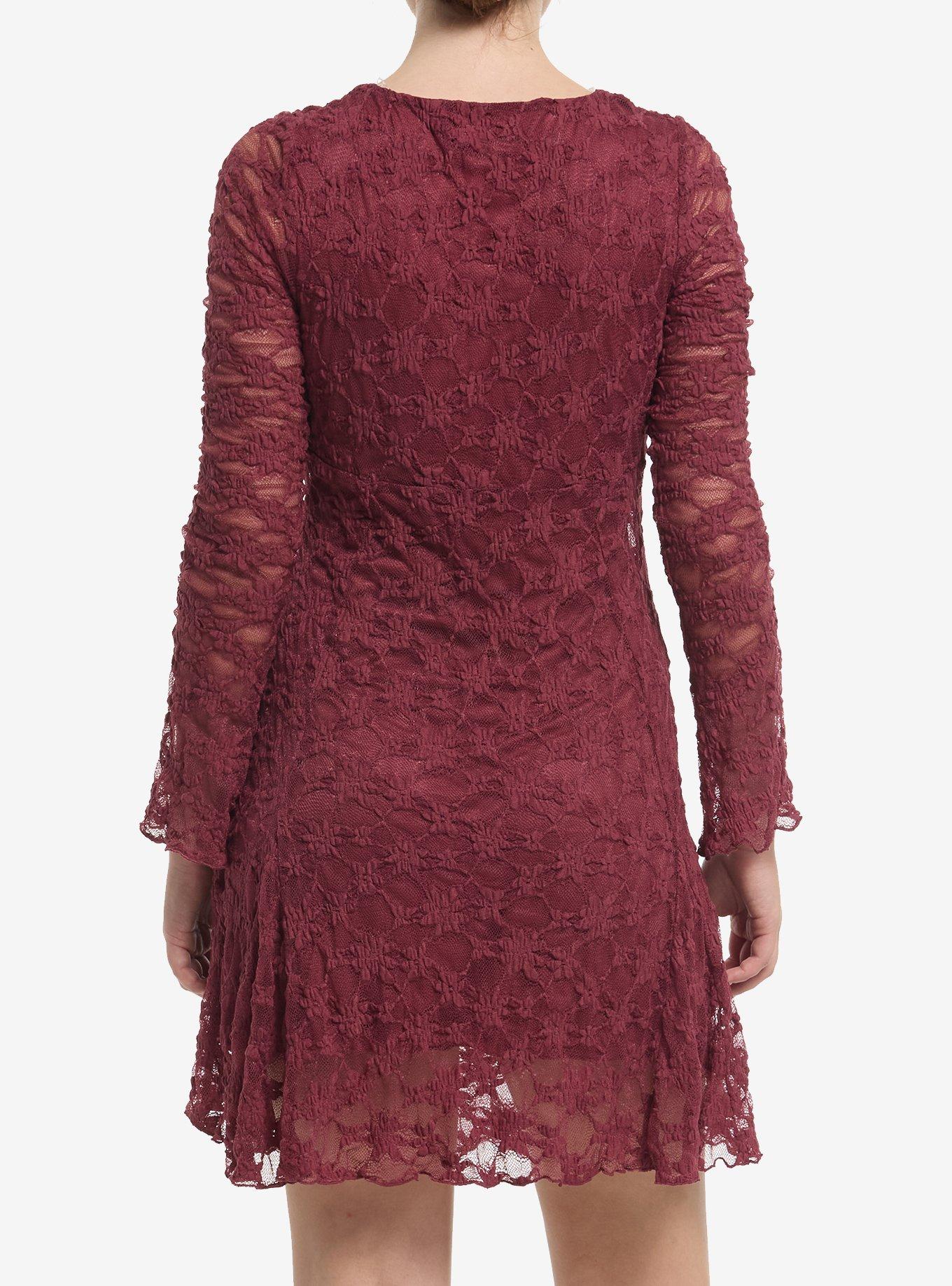 Cosmic Aura Maroon Lace Bell Sleeve Dress, MAROON, alternate