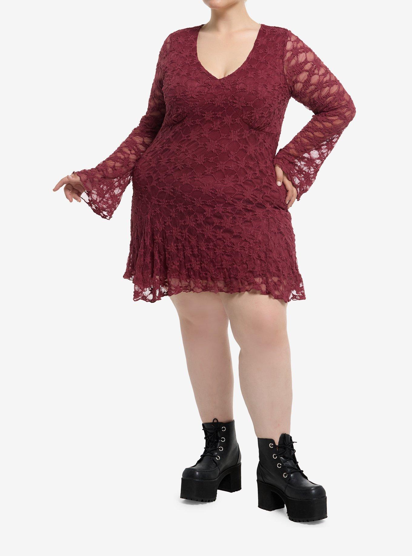 Cosmic Aura Maroon Lace Bell Sleeve Dress Plus Size, , hi-res