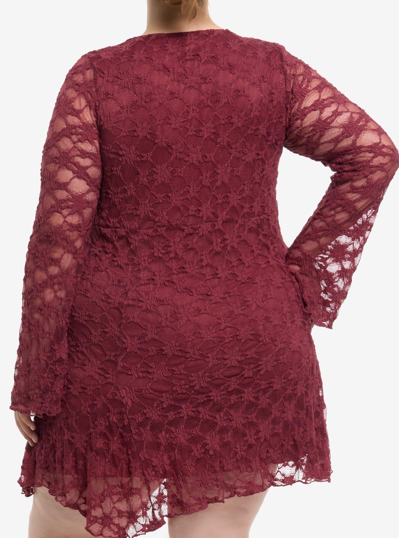 Cosmic Aura Maroon Lace Bell Sleeve Dress Plus Size, MAROON, alternate