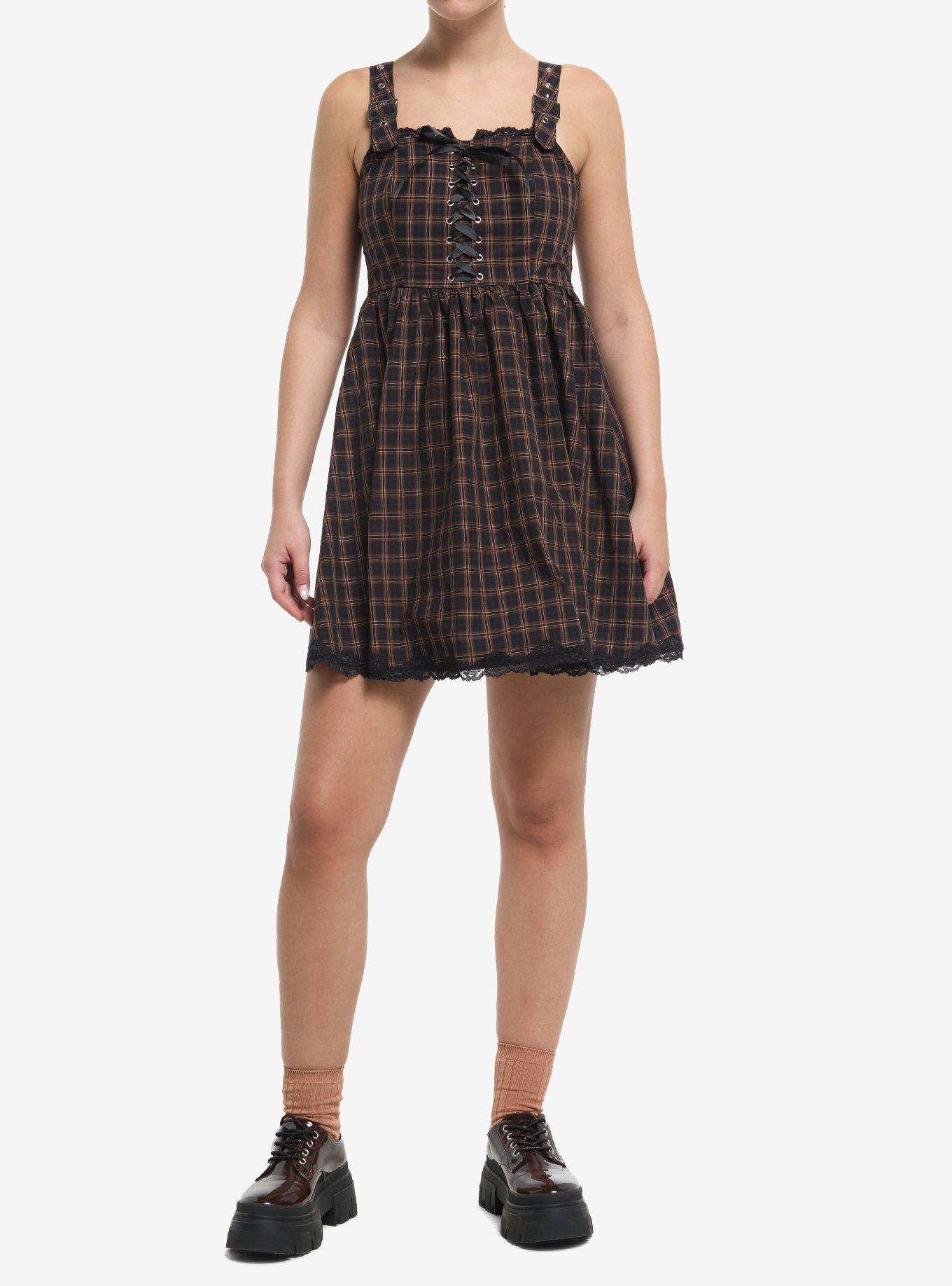 Brown Plaid Lace-Up Grommet Strap Dress, , hi-res