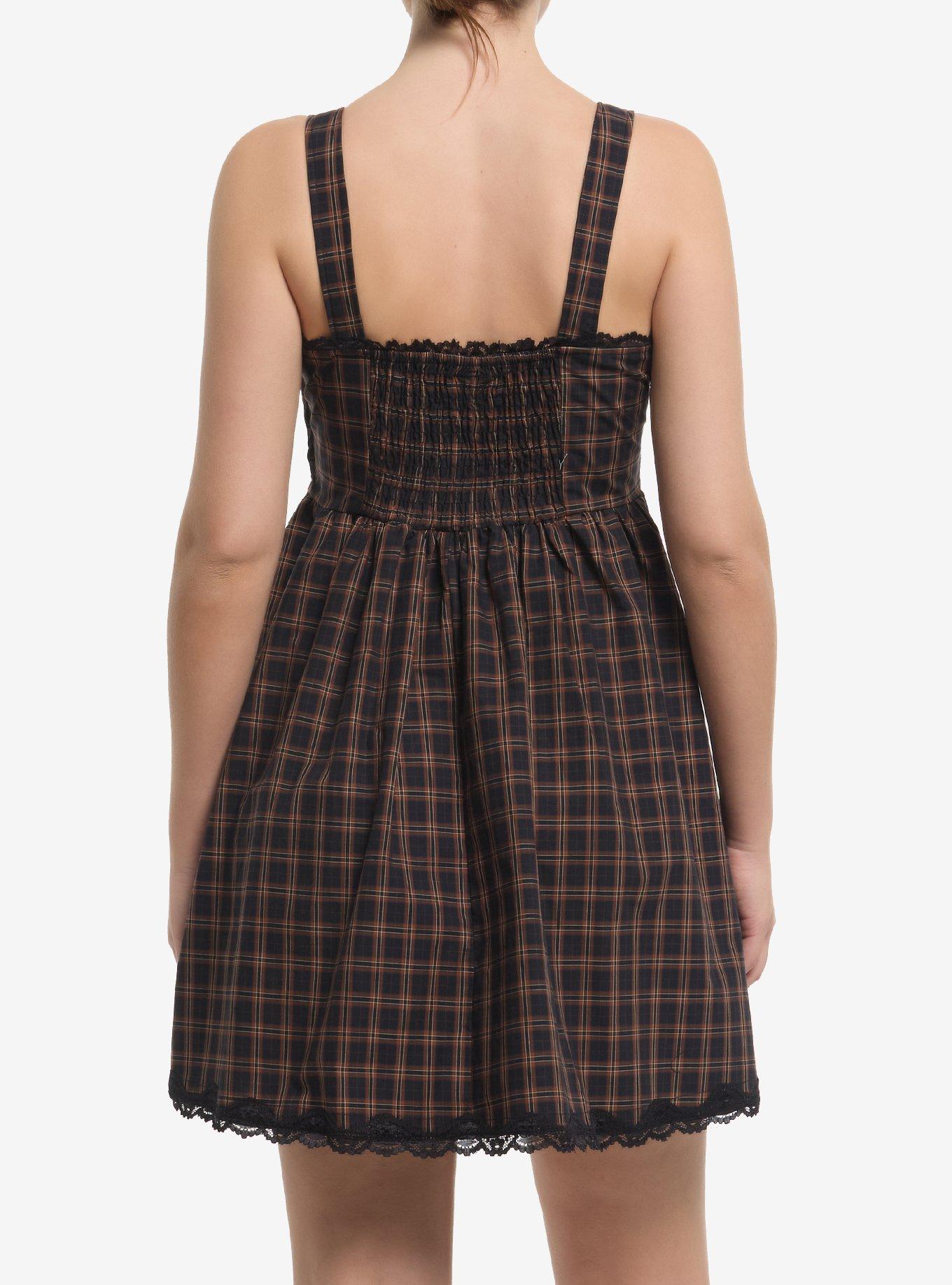 Brown Plaid Lace-Up Grommet Strap Dress, RED, alternate