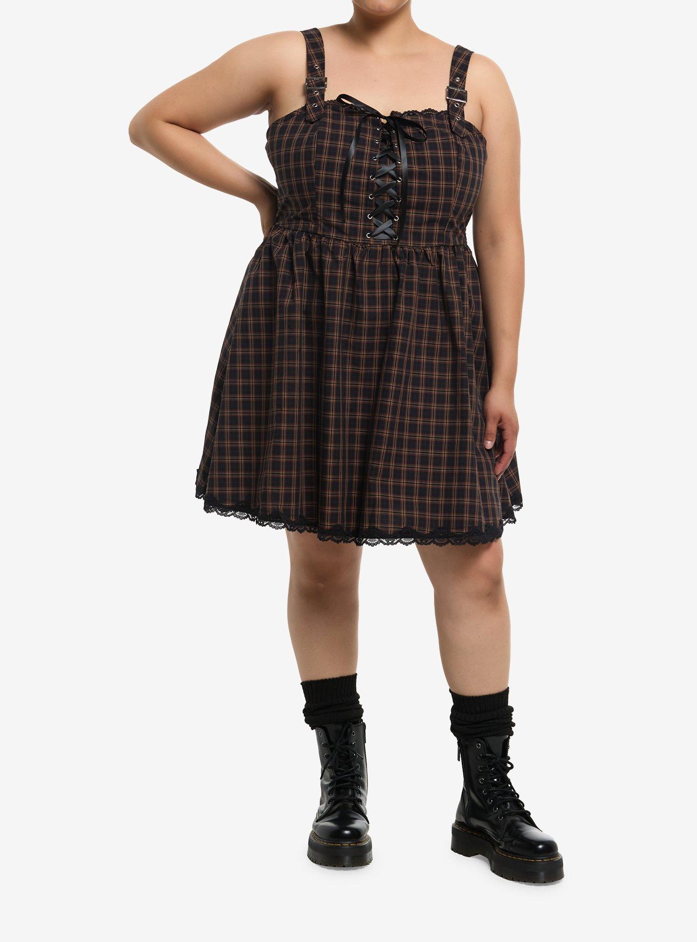 Brown Plaid Lace-Up Grommet Strap Dress Plus Size, , hi-res