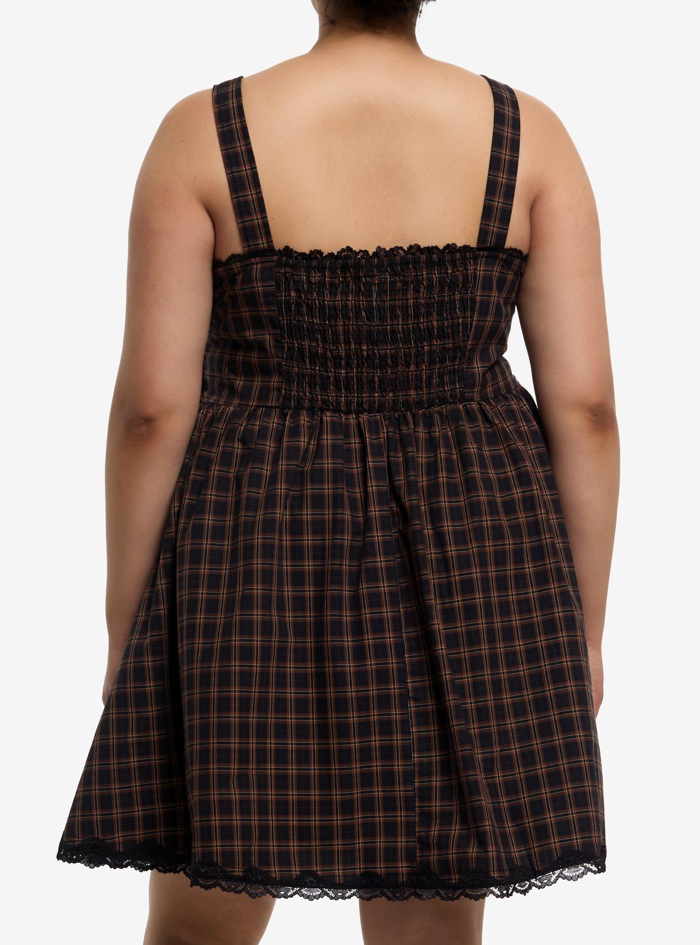 Brown Plaid Lace-Up Grommet Strap Dress Plus Size, RED, alternate