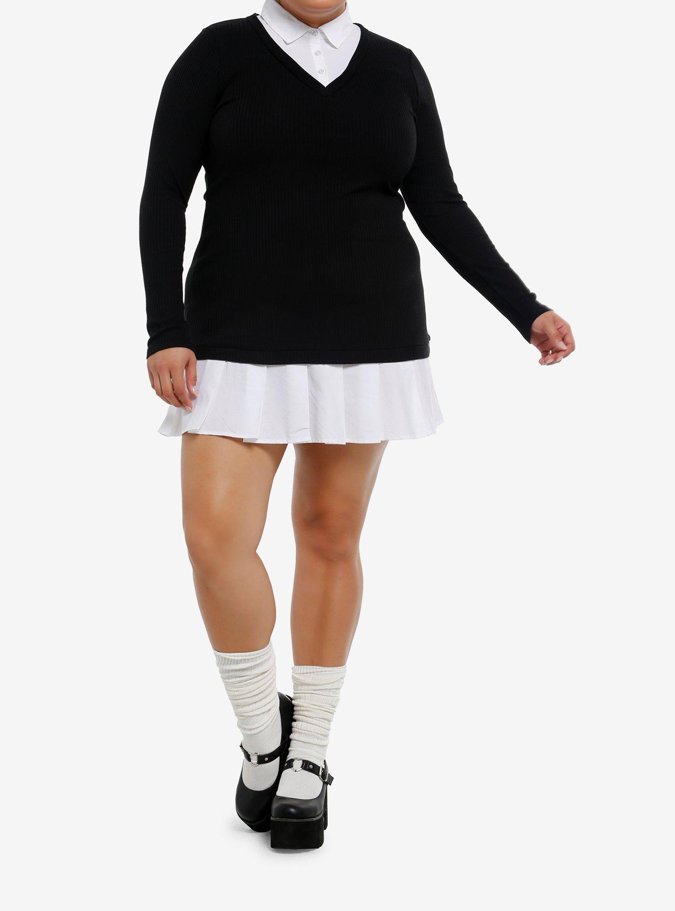Cosmic Aura Black & White Sweater Button-Up Twofer Dress Plus Size, , hi-res