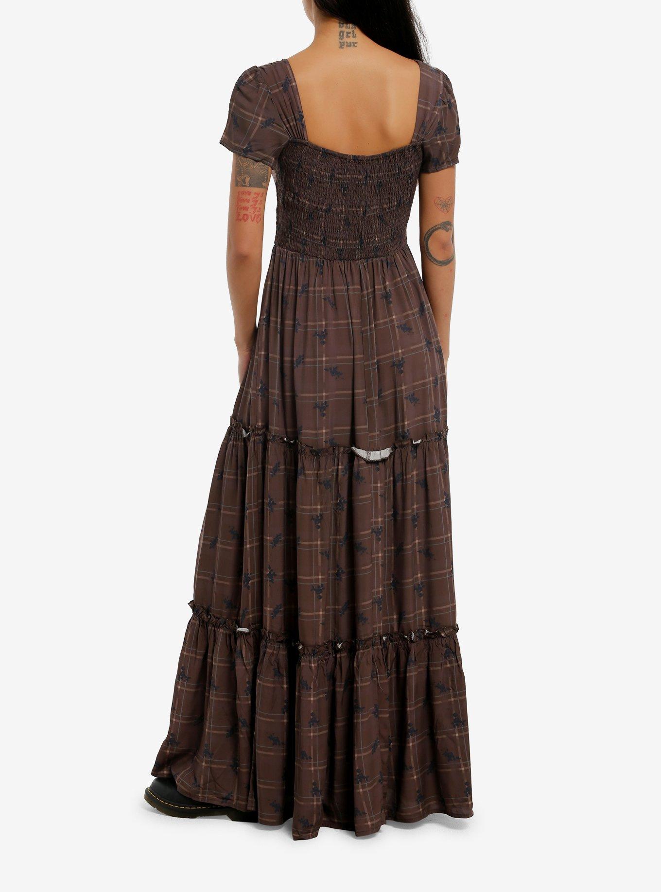Thorn & Fable Brown Plaid & Floral Maxi Dress, , hi-res