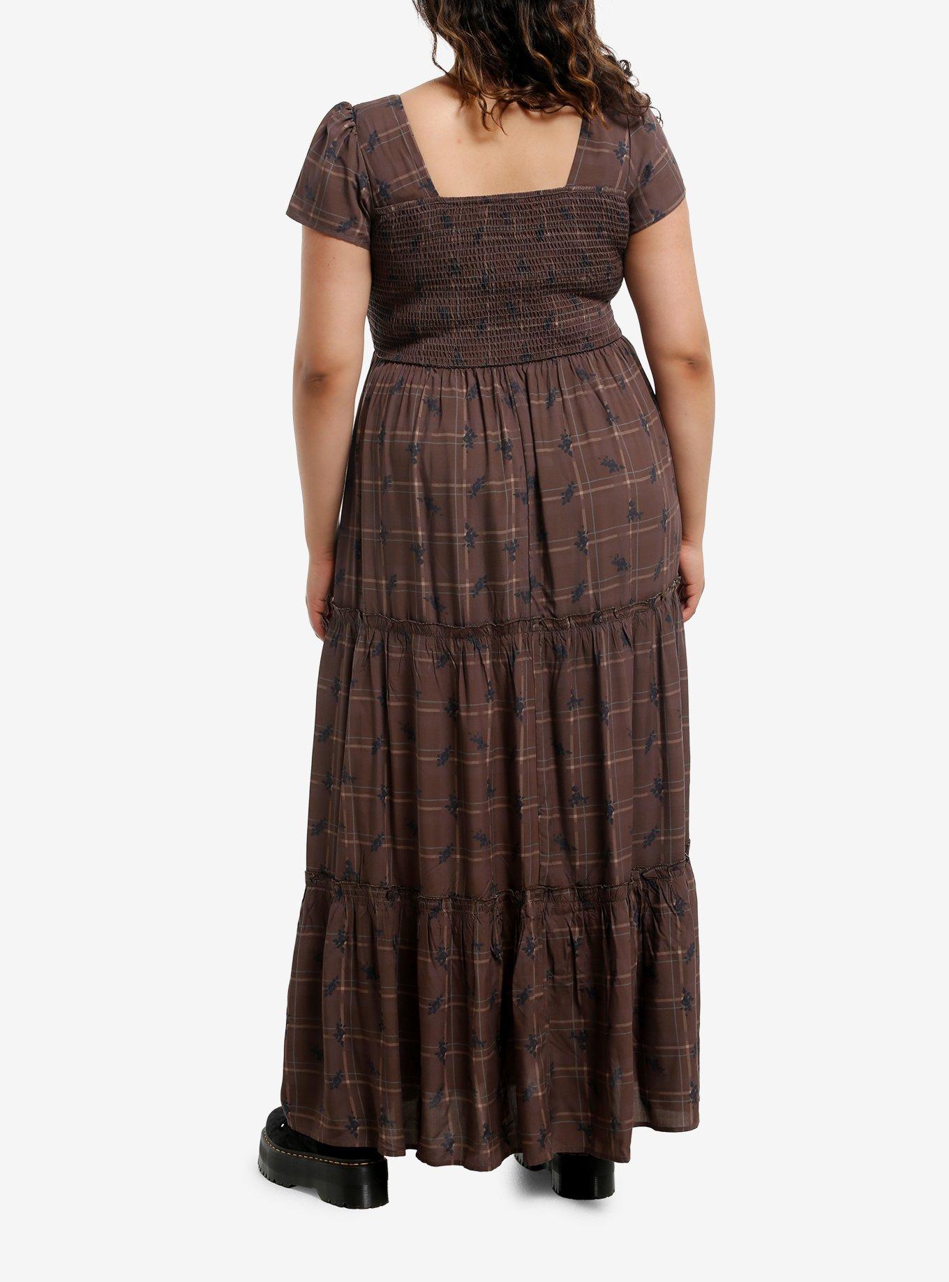 Thorn & Fable Brown Plaid & Floral Maxi Dress Plus Size, , hi-res