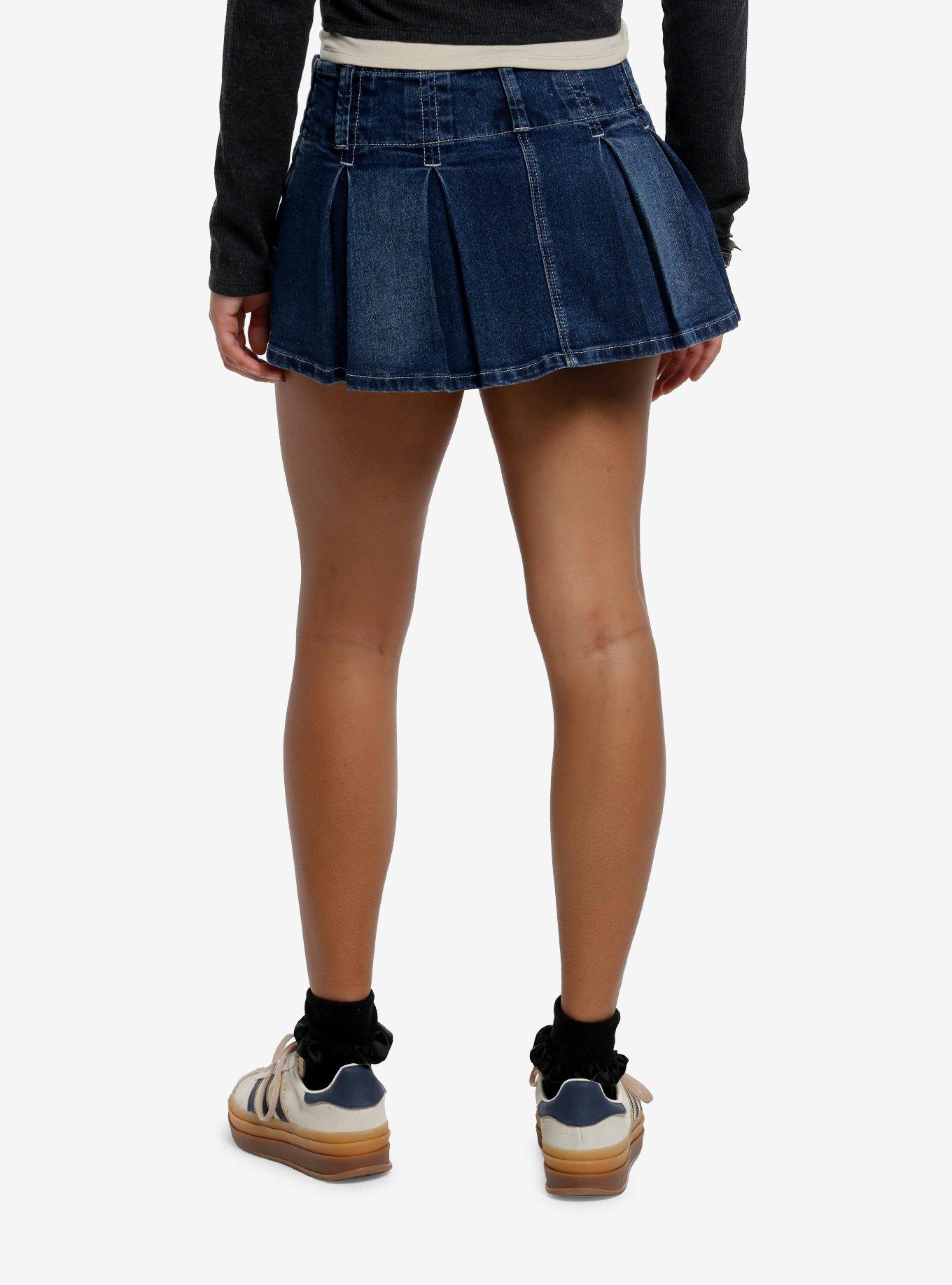 Indigo Contrast Stitch Denim Pleated Micro Skort, , hi-res