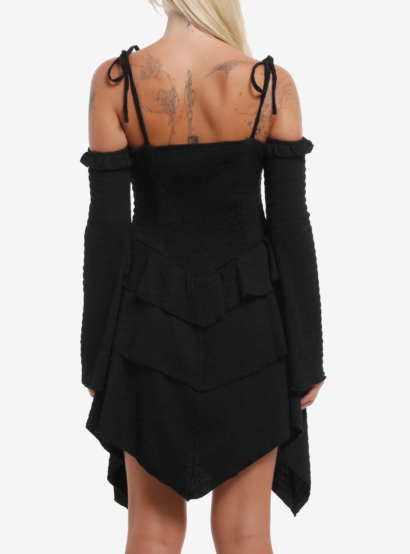 Cosmic Aura Ruffle Cold Shoulder Dress, BLACK, alternate