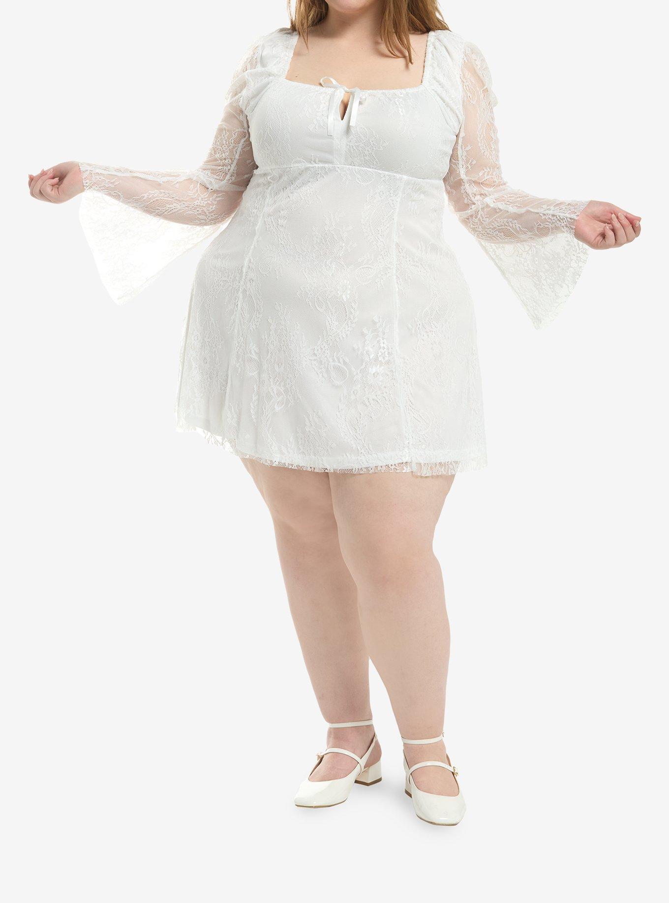 Sweet Society White Lace Bell Sleeve Mini Dress Plus Size, , hi-res