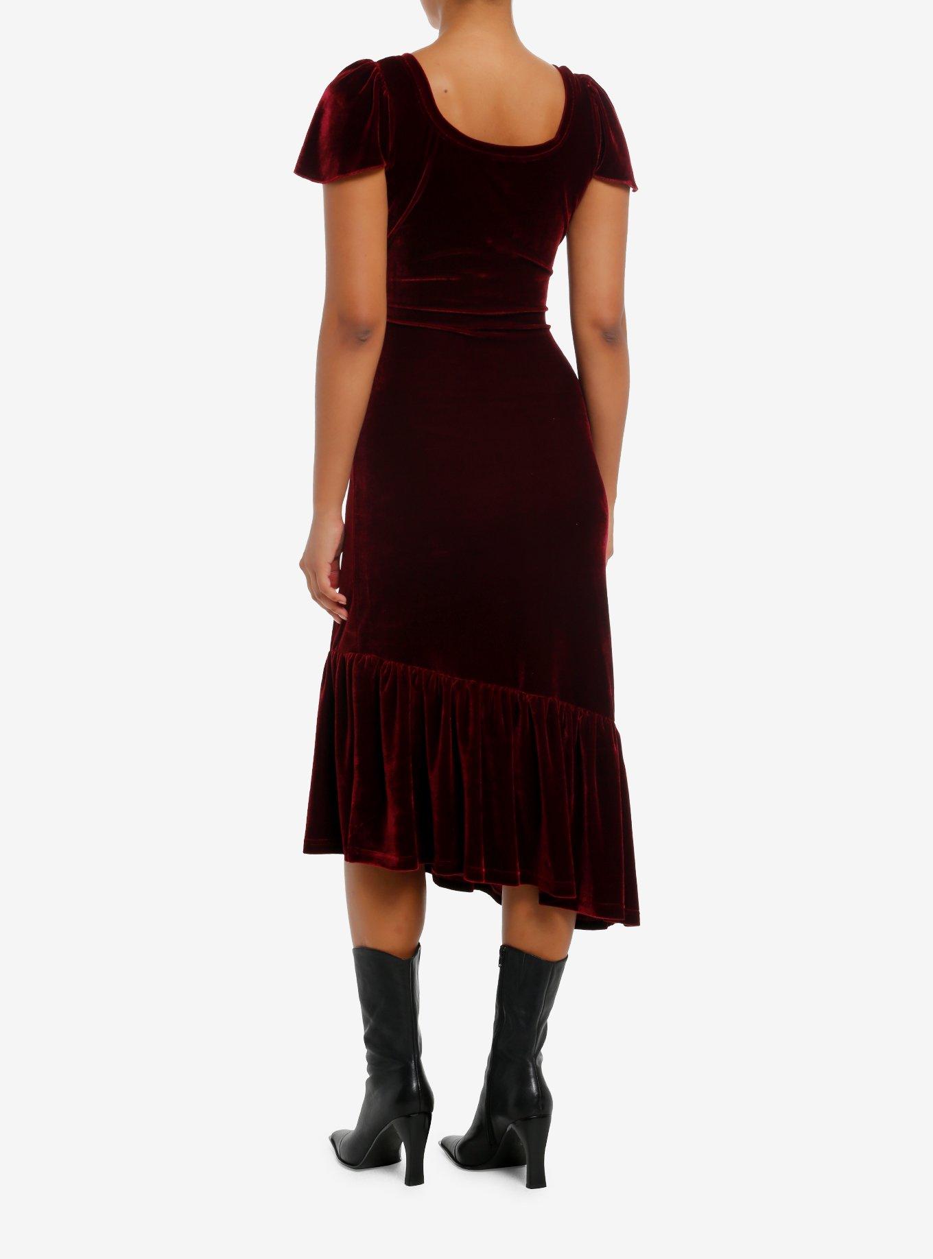 Cosmic Aura Burgundy Velvet Asymmetrical Ruffle Midi Dress, , hi-res