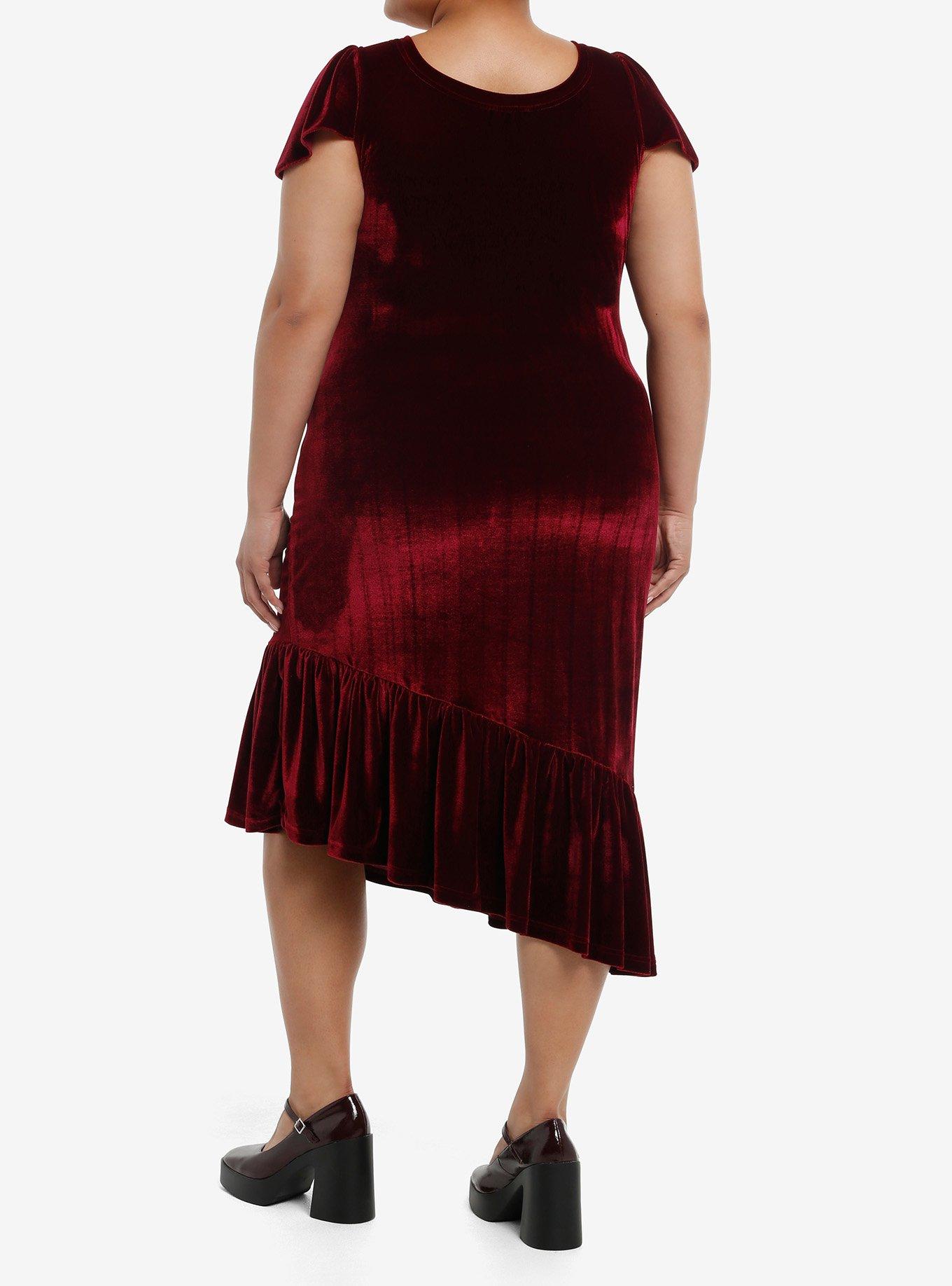 Cosmic Aura Burgundy Velvet Asymmetrical Ruffle Midi Dress Plus Size, , hi-res