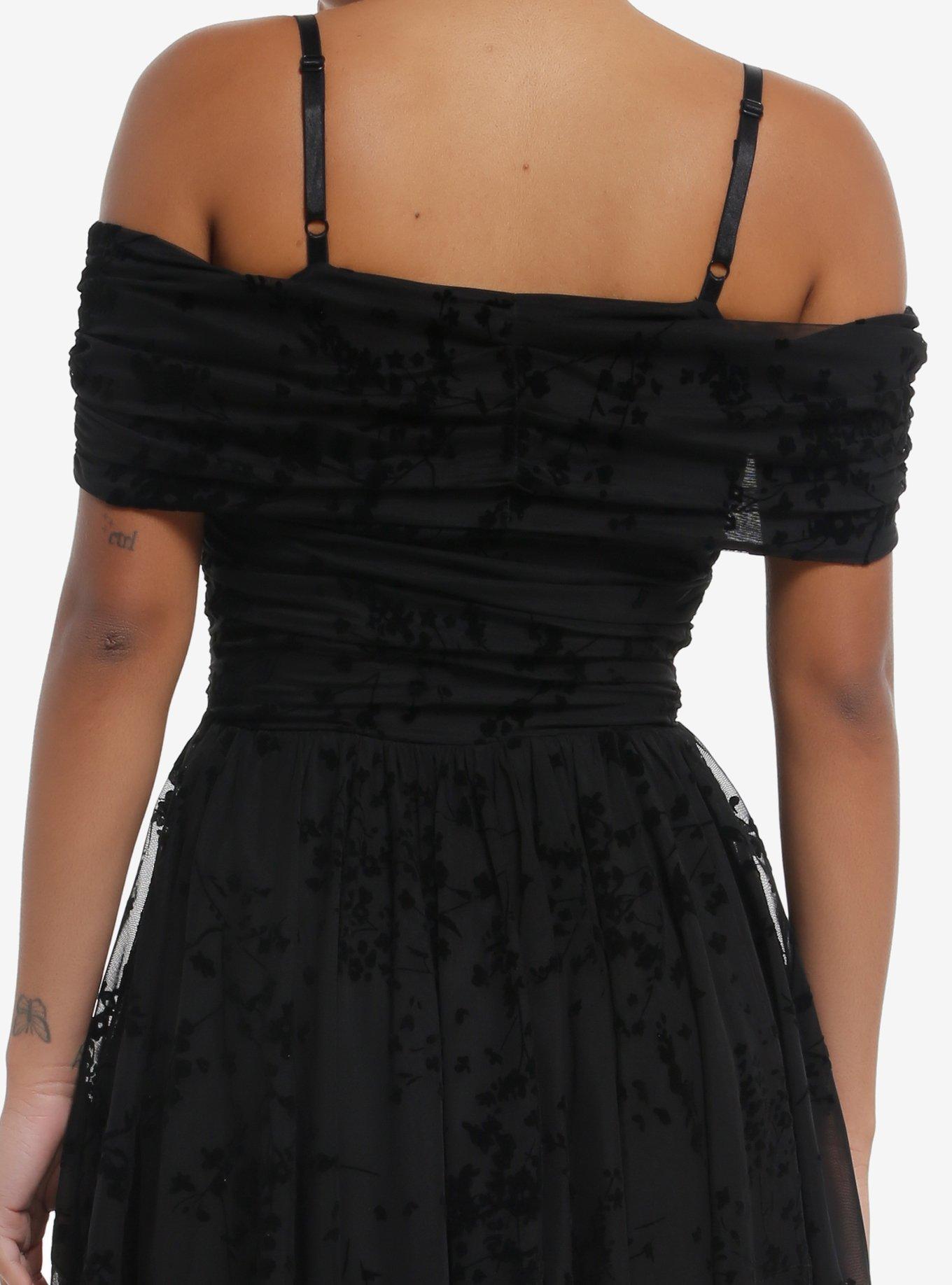 Cosmic Aura Floral Flocked Cold-Shoulder Midi Dress, BLACK, alternate
